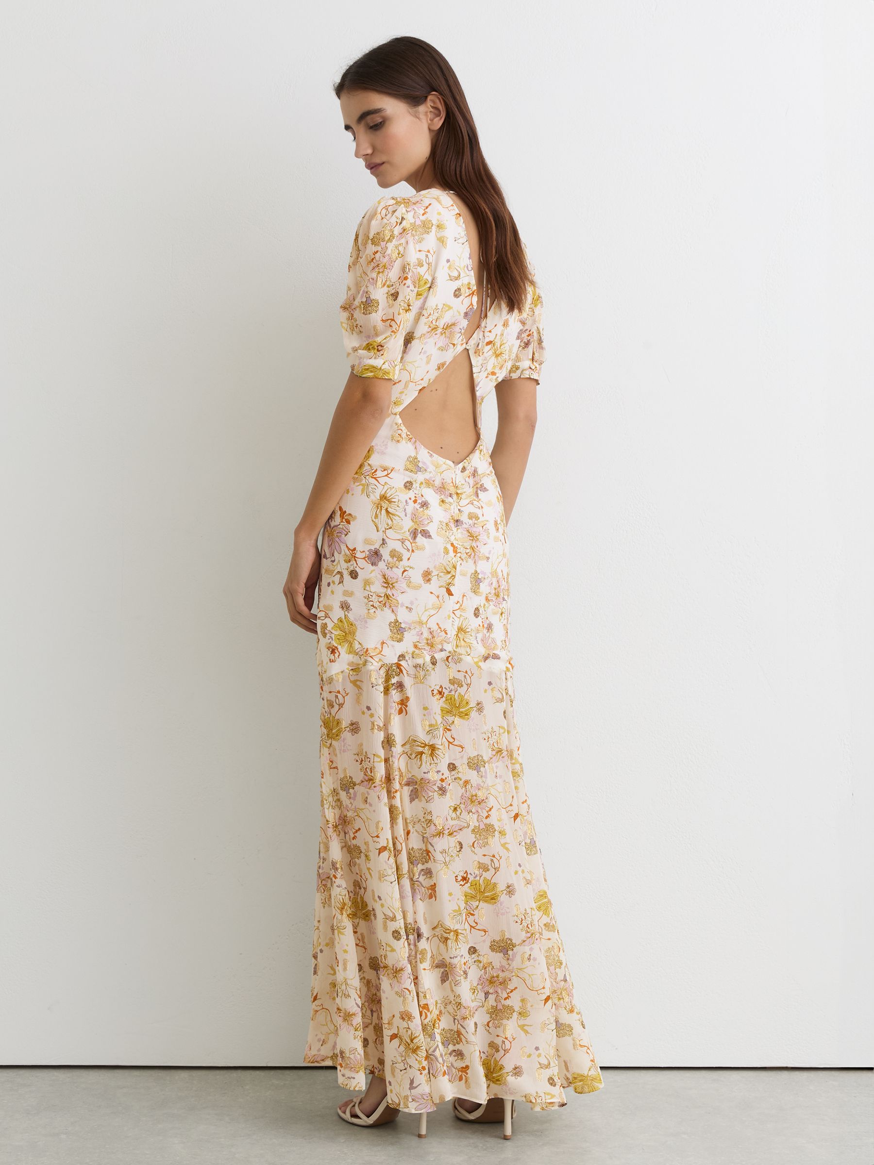 Floral-Print Metallic-Thread Maxi Dress in Ivory - Image 7 of 8