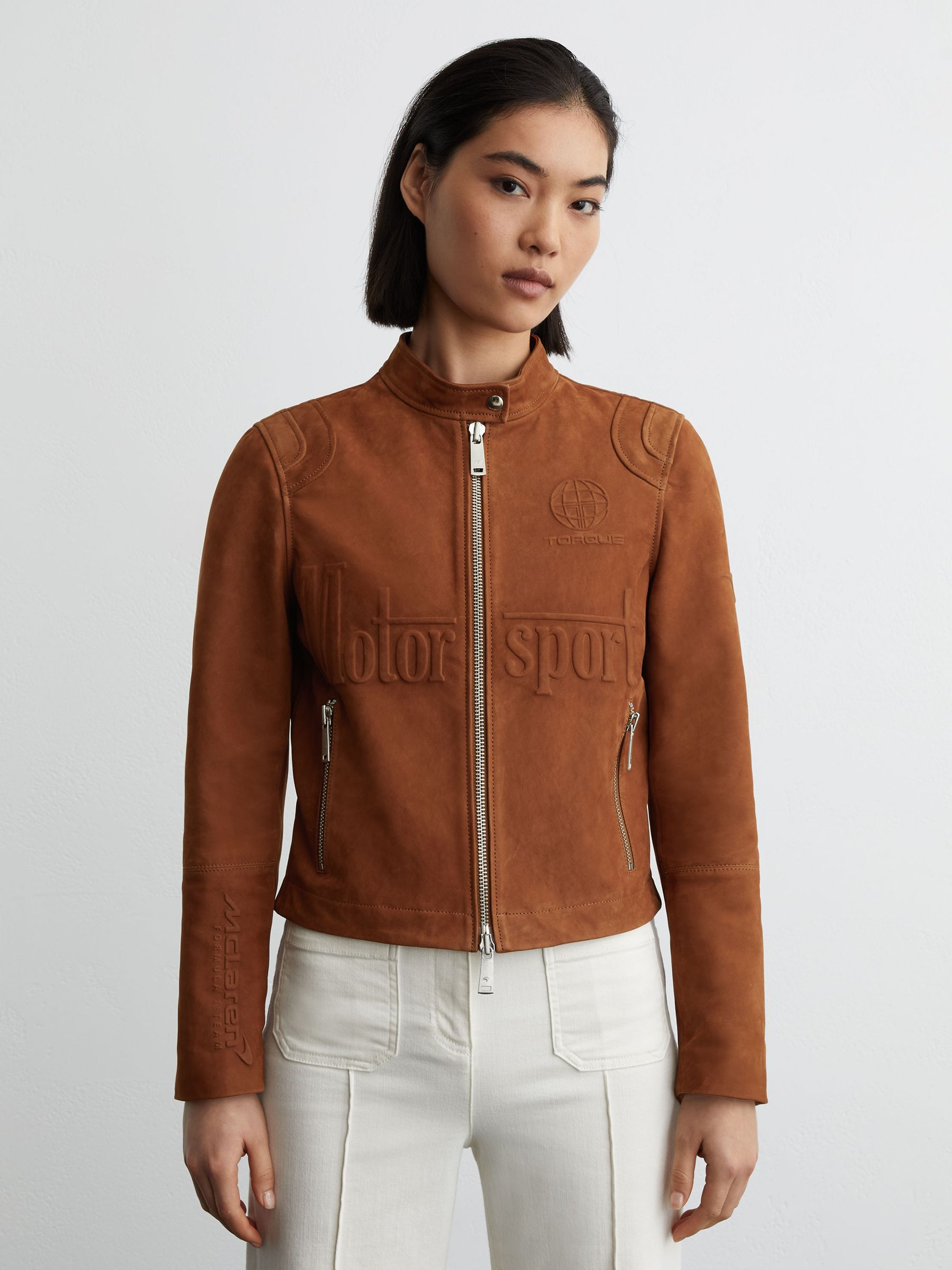 McLaren Racing Embossed Suede Jacket in Tobacco Brown - Image 1 of 8