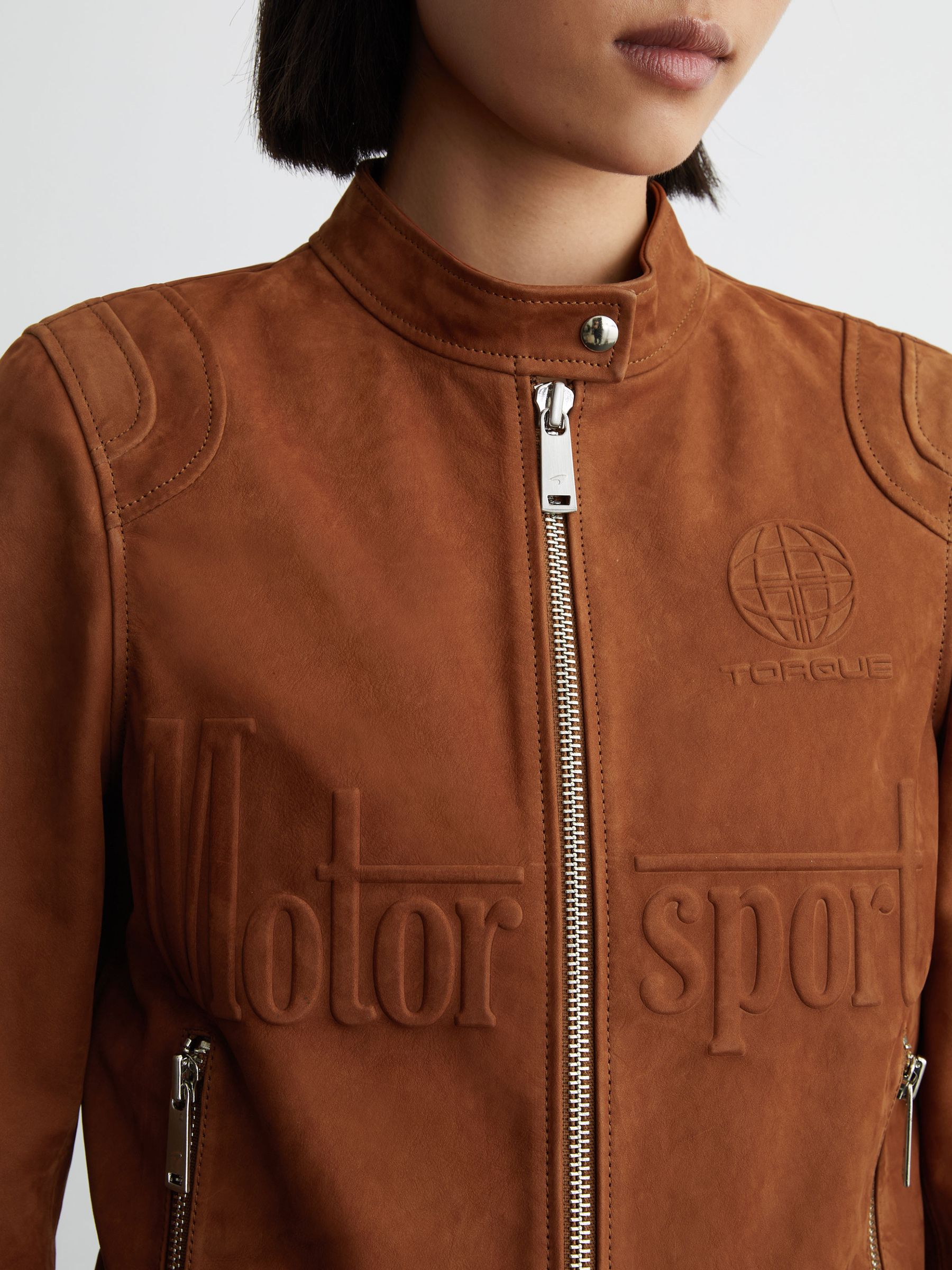 McLaren Racing Embossed Suede Jacket in Tobacco Brown - Image 3 of 8