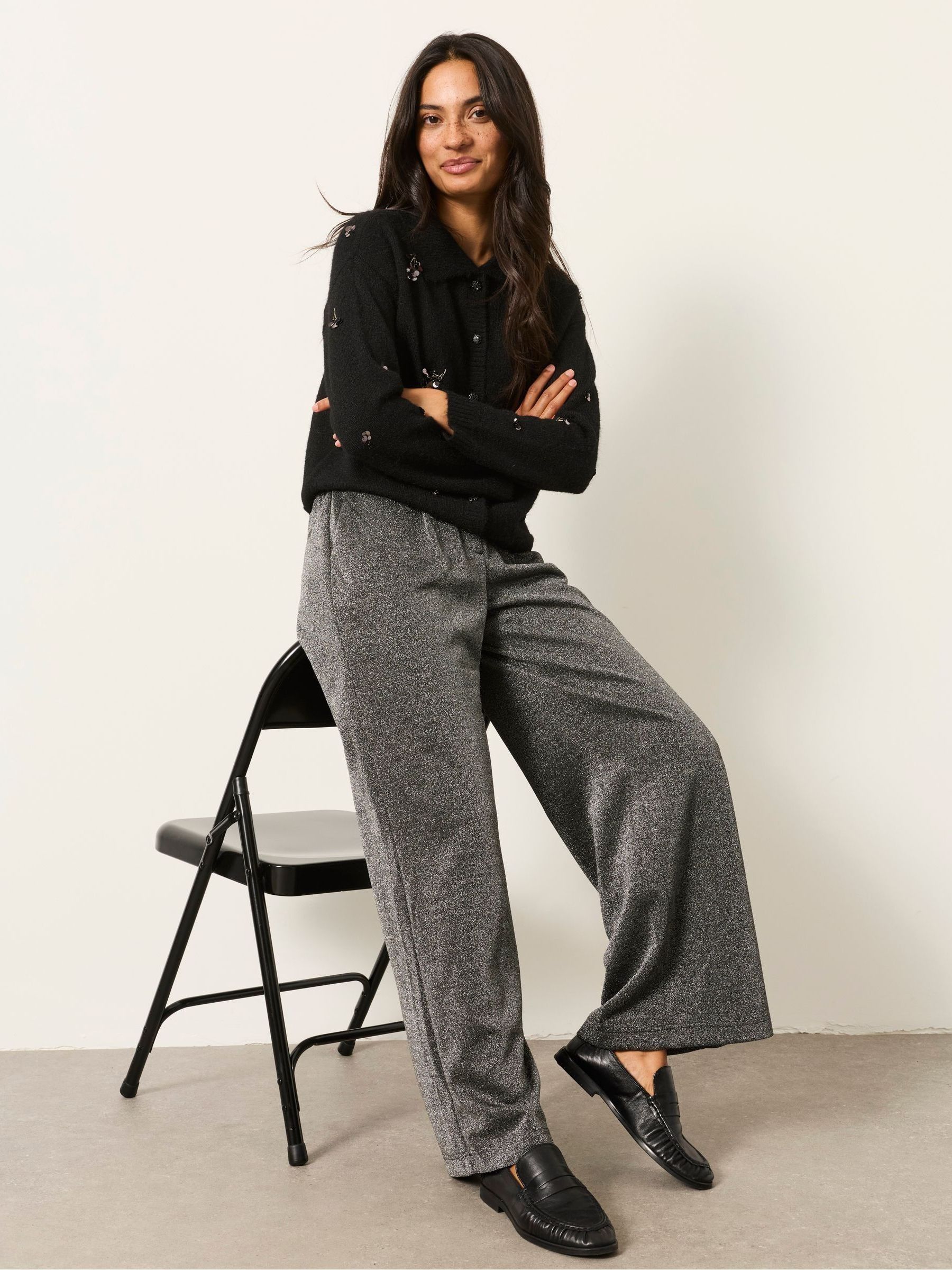 Sophia Silver Petite Sparkle Wide leg Trousers - Image 5 of 7