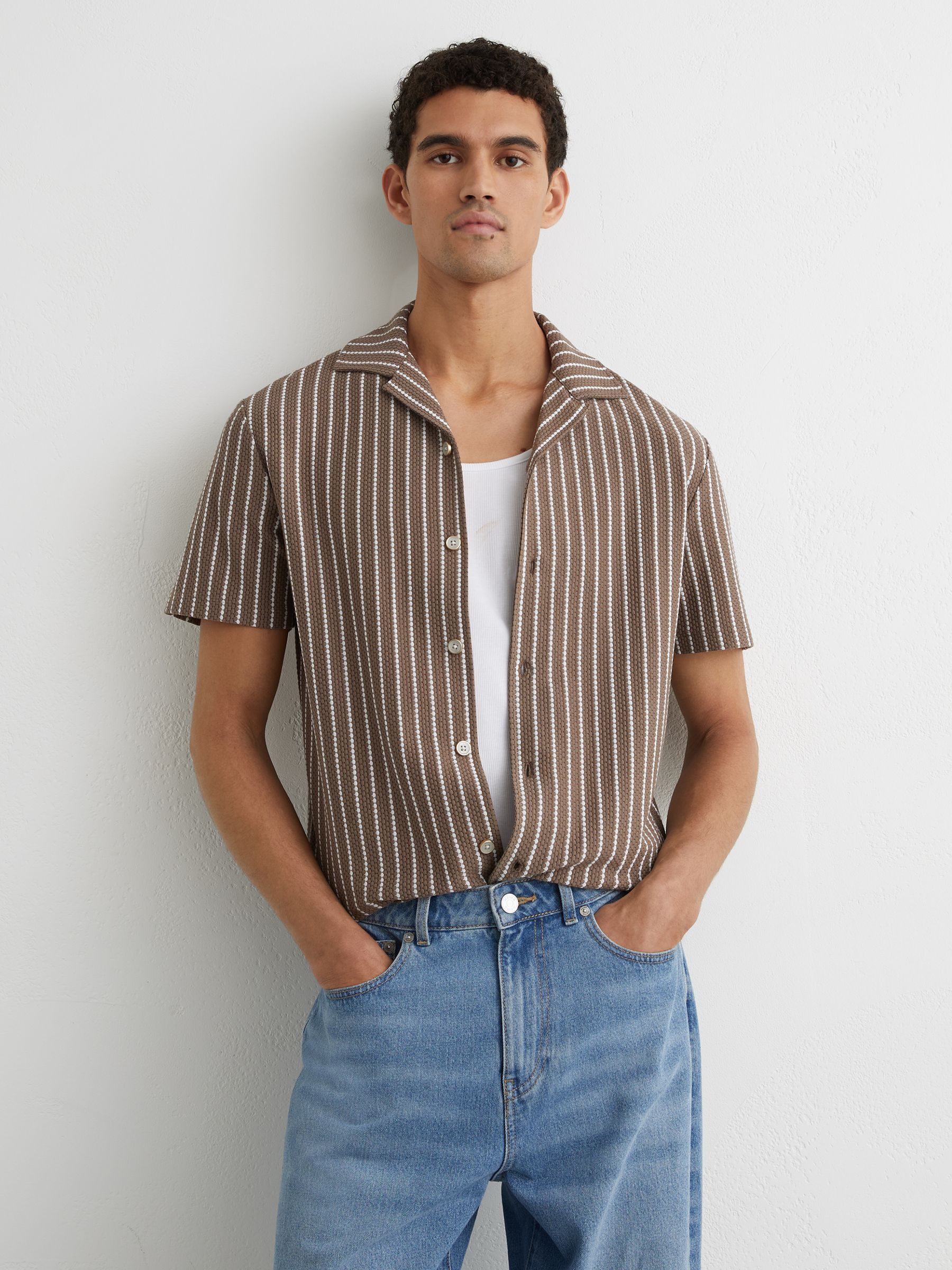 Textured-Stripe Cuban-Collar Shirt Cotton-Blend in Brown/Ecru - Image 1 of 7
