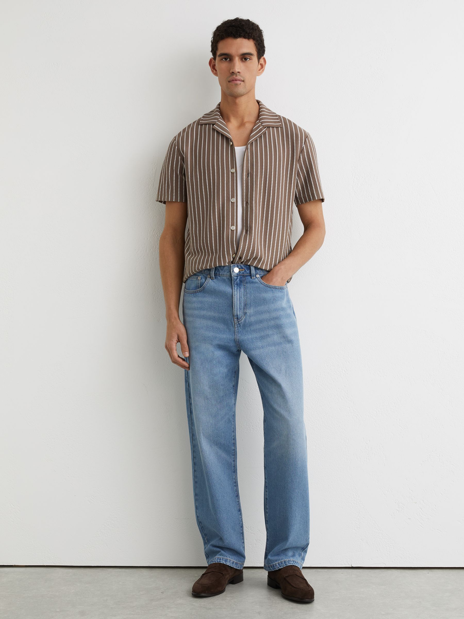 Textured-Stripe Cuban-Collar Shirt Cotton-Blend in Brown/Ecru - Image 4 of 7