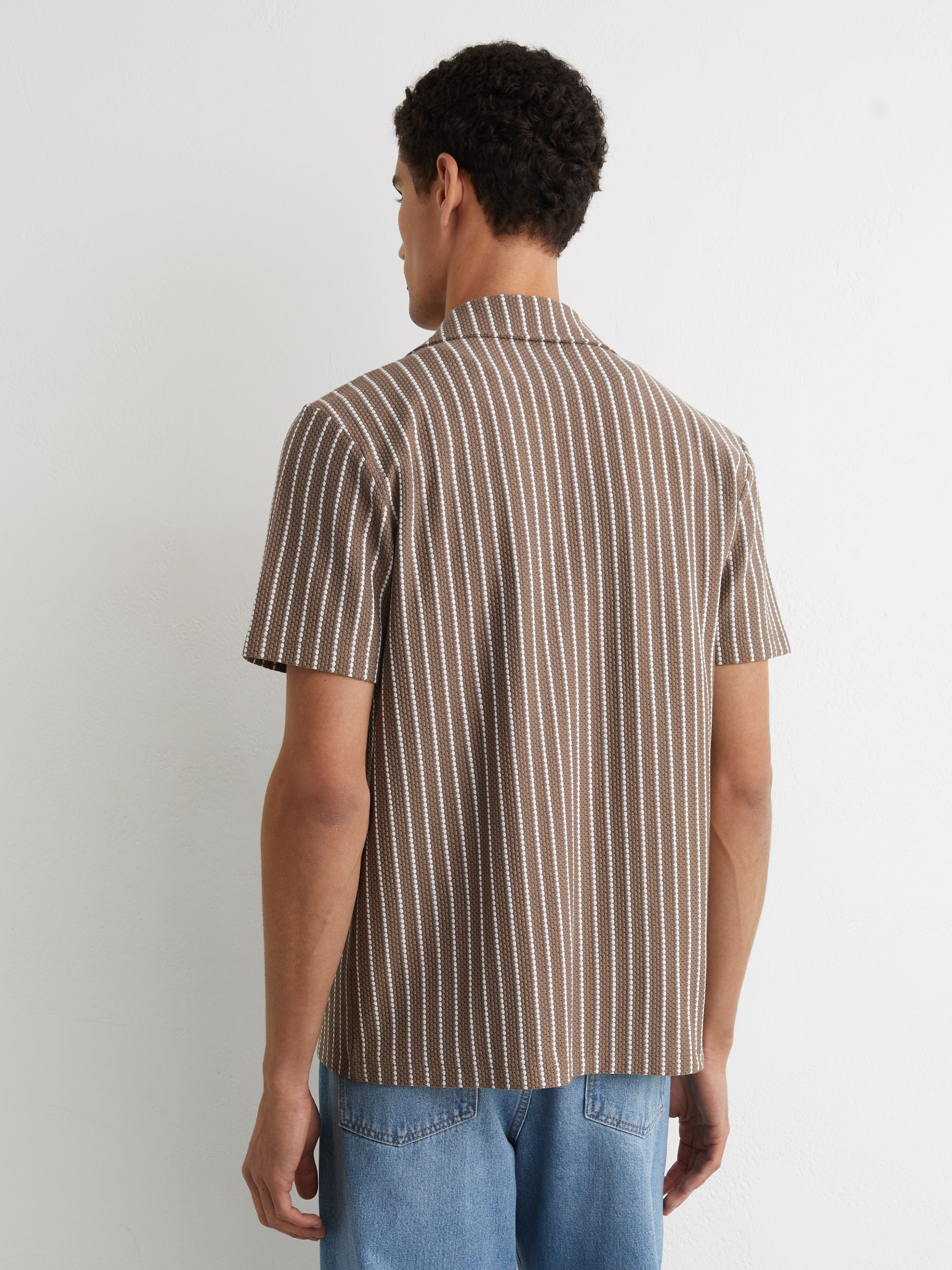 Textured-Stripe Cuban-Collar Shirt Cotton-Blend in Brown/Ecru - Image 5 of 7