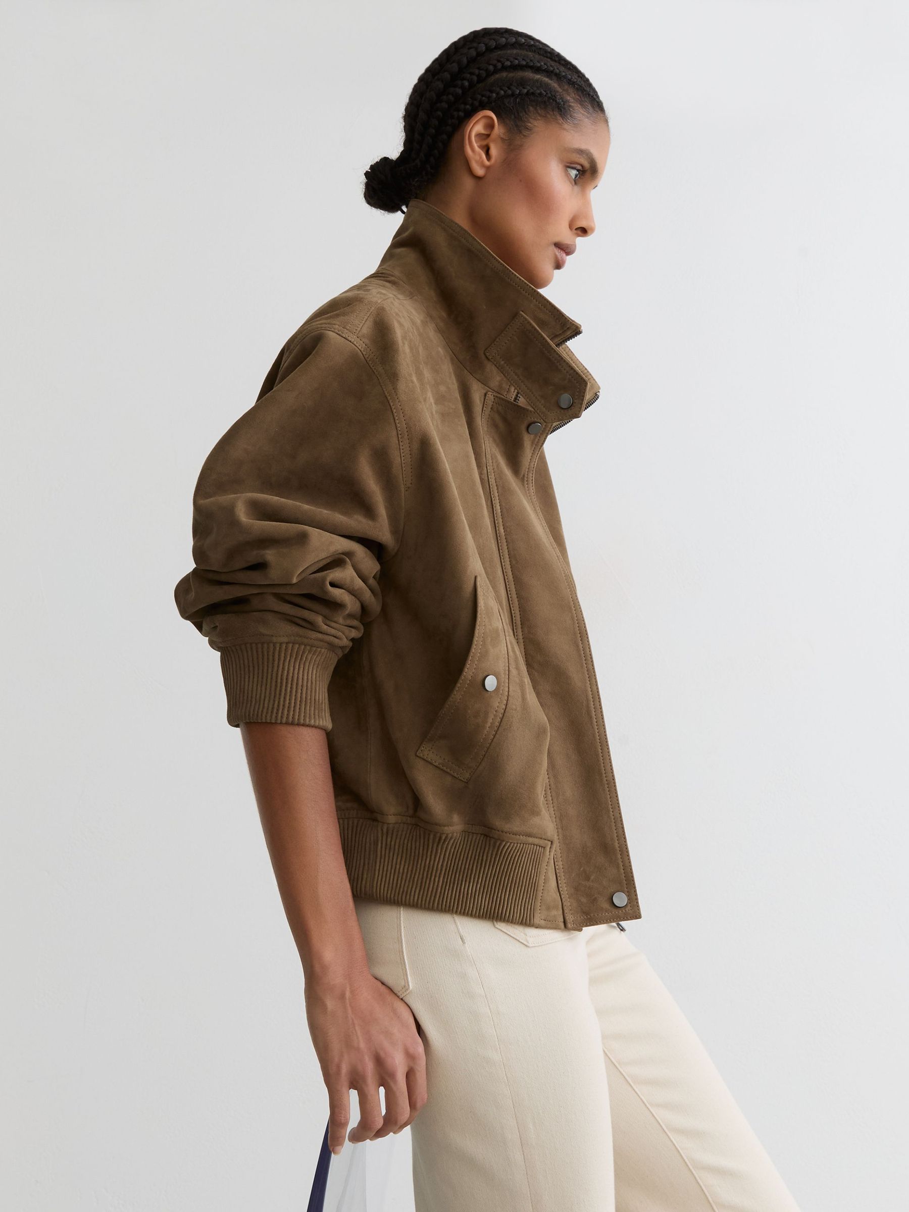 Suede Funnel-Neck Bomber Jacket in Neutral - Image 1 of 9