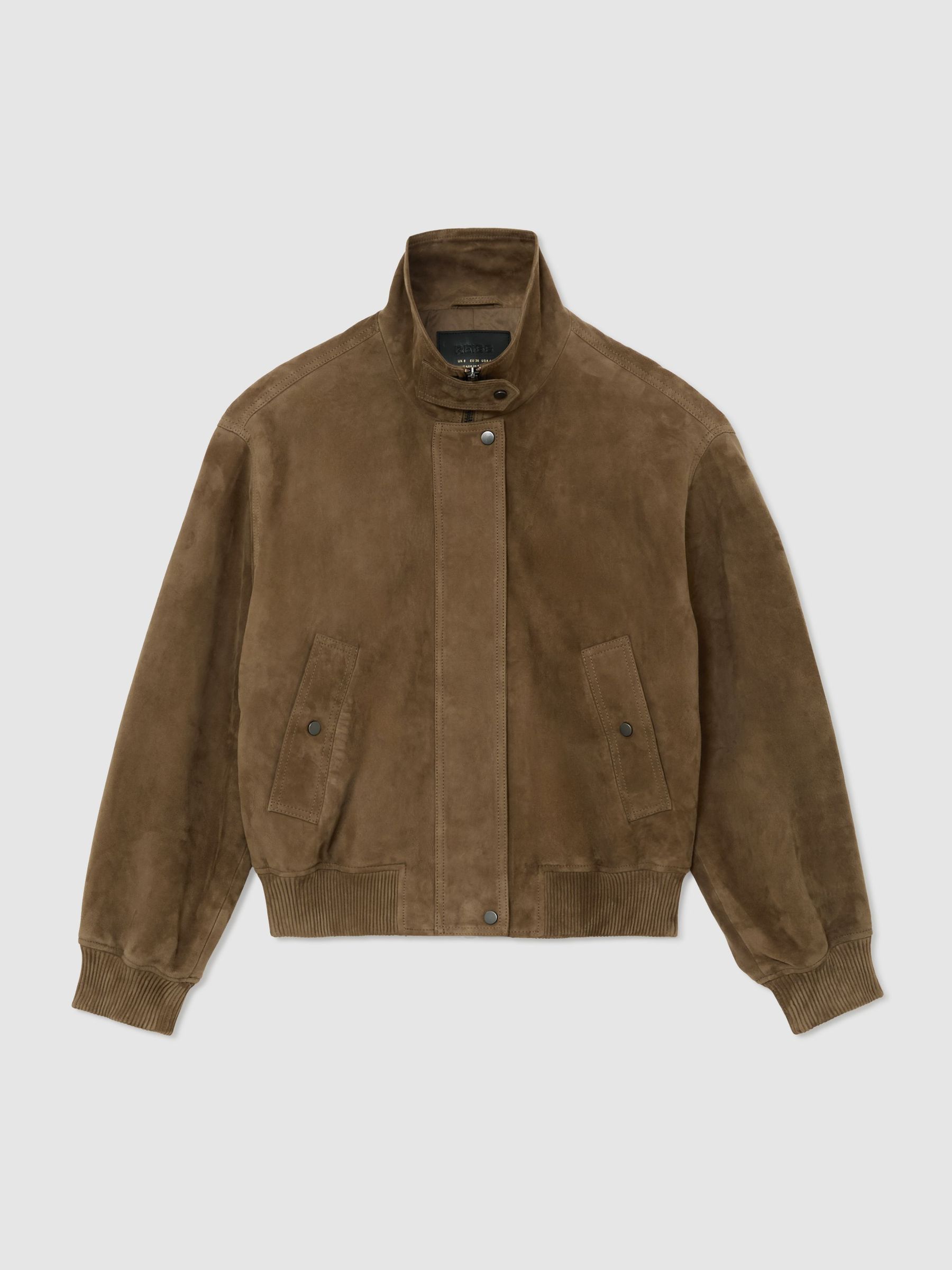 Suede Funnel-Neck Bomber Jacket in Neutral - Image 2 of 9