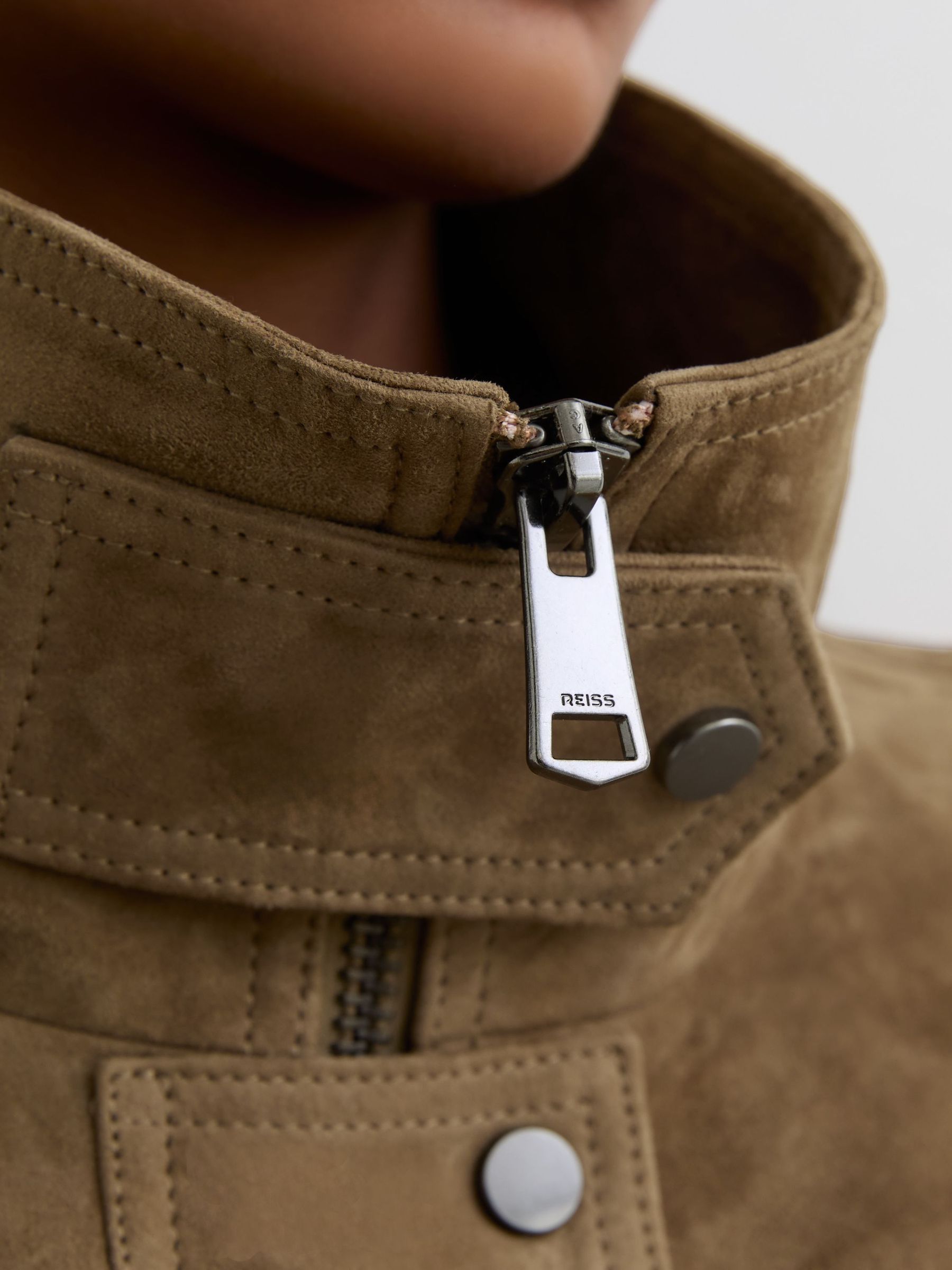 Suede Funnel-Neck Bomber Jacket in Neutral - Image 4 of 9