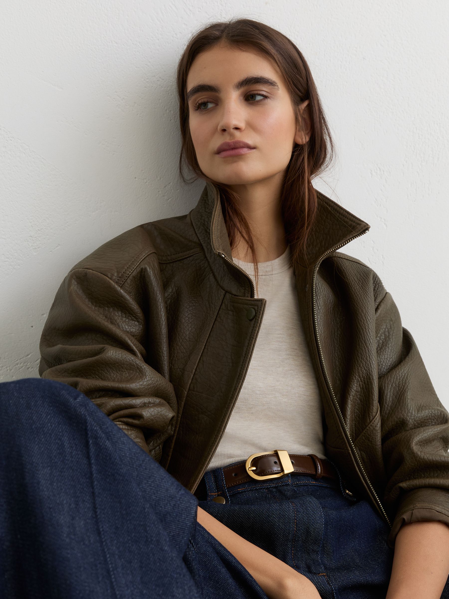 Suede Funnel-Neck Bomber Jacket in Neutral - Image 5 of 9
