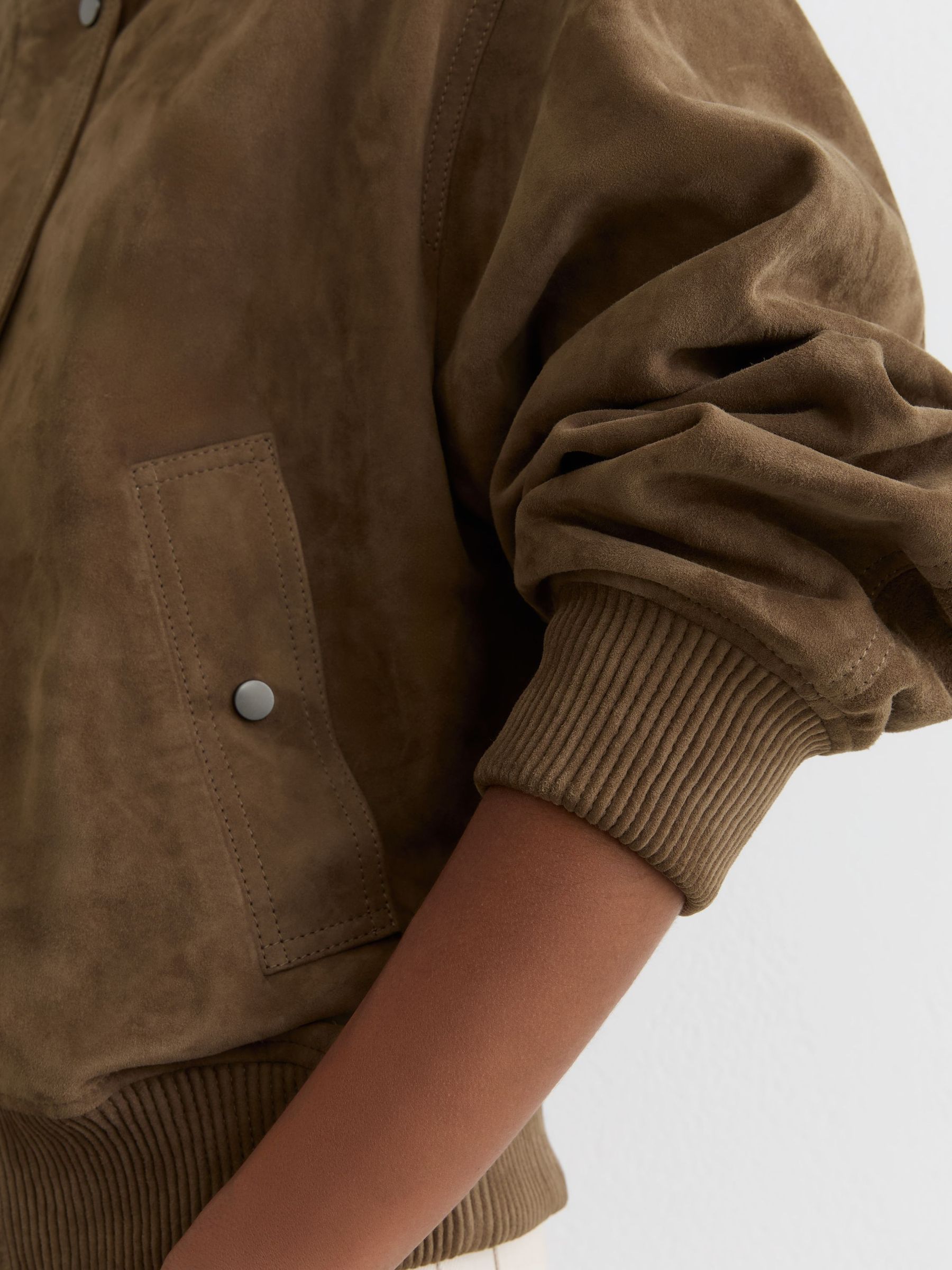 Suede Funnel-Neck Bomber Jacket in Neutral - Image 6 of 9