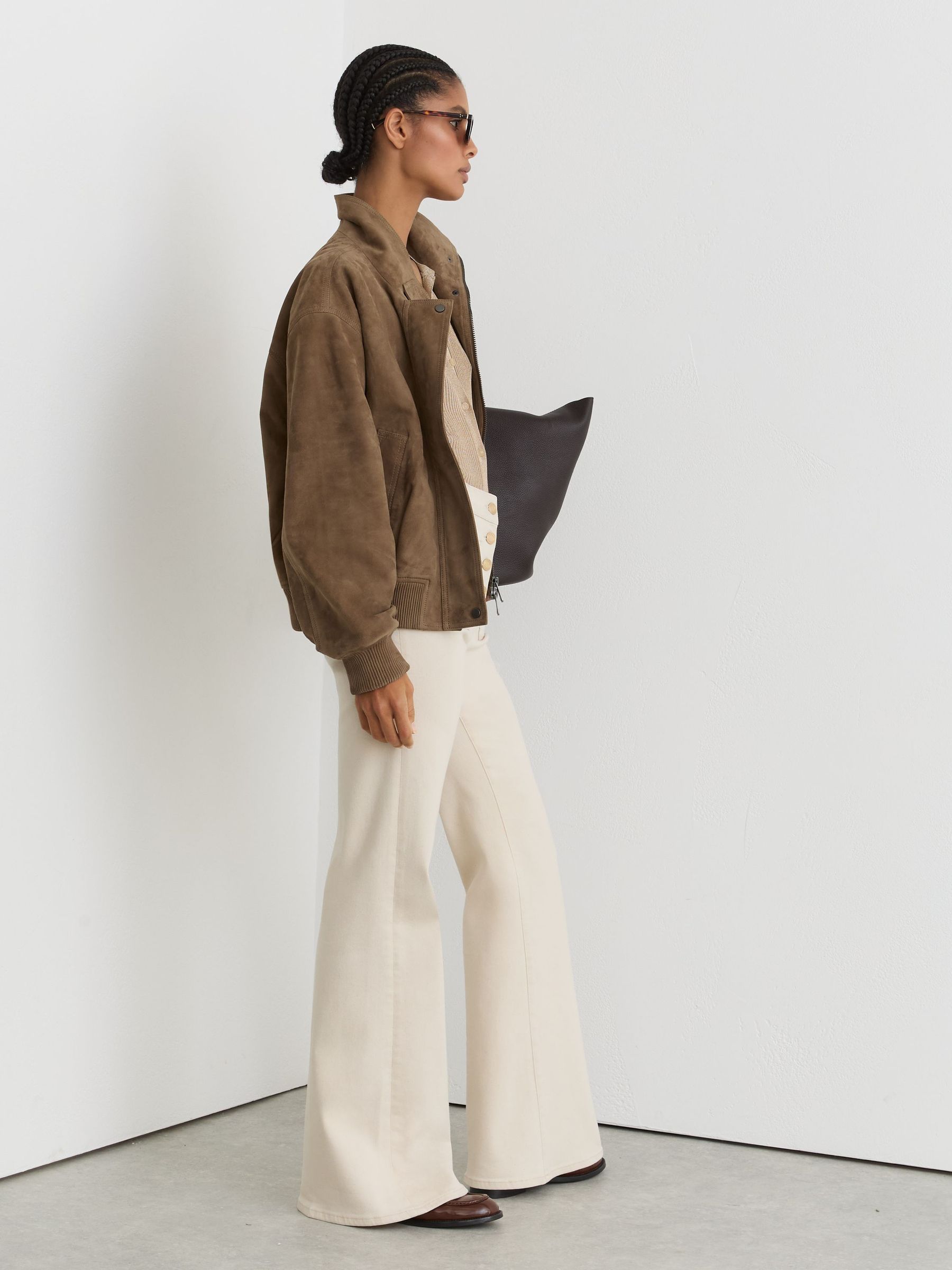 Suede Funnel-Neck Bomber Jacket in Neutral - Image 7 of 9