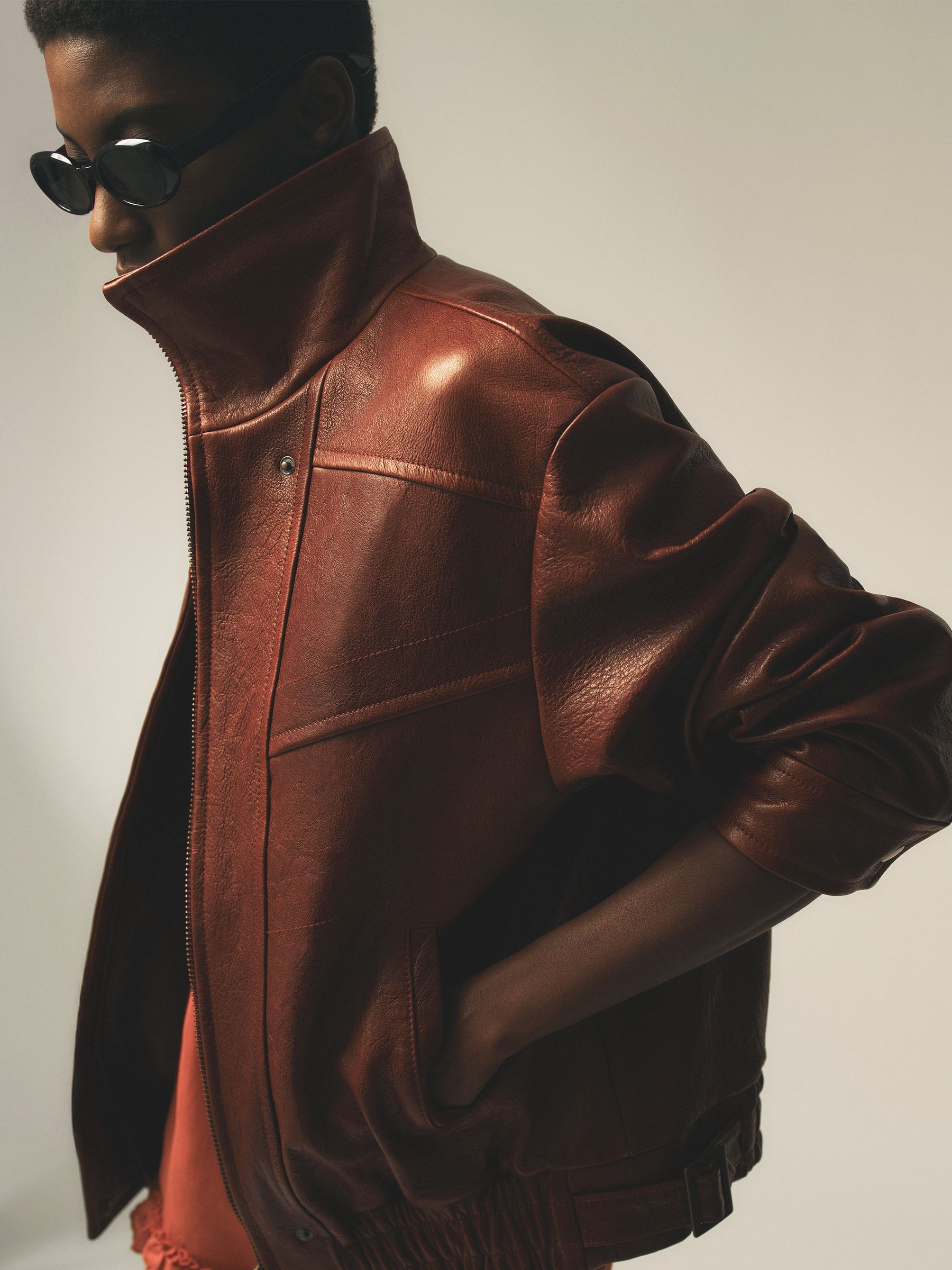 Textured Leather Oversized Jacket in Chestnut Brown - image 4