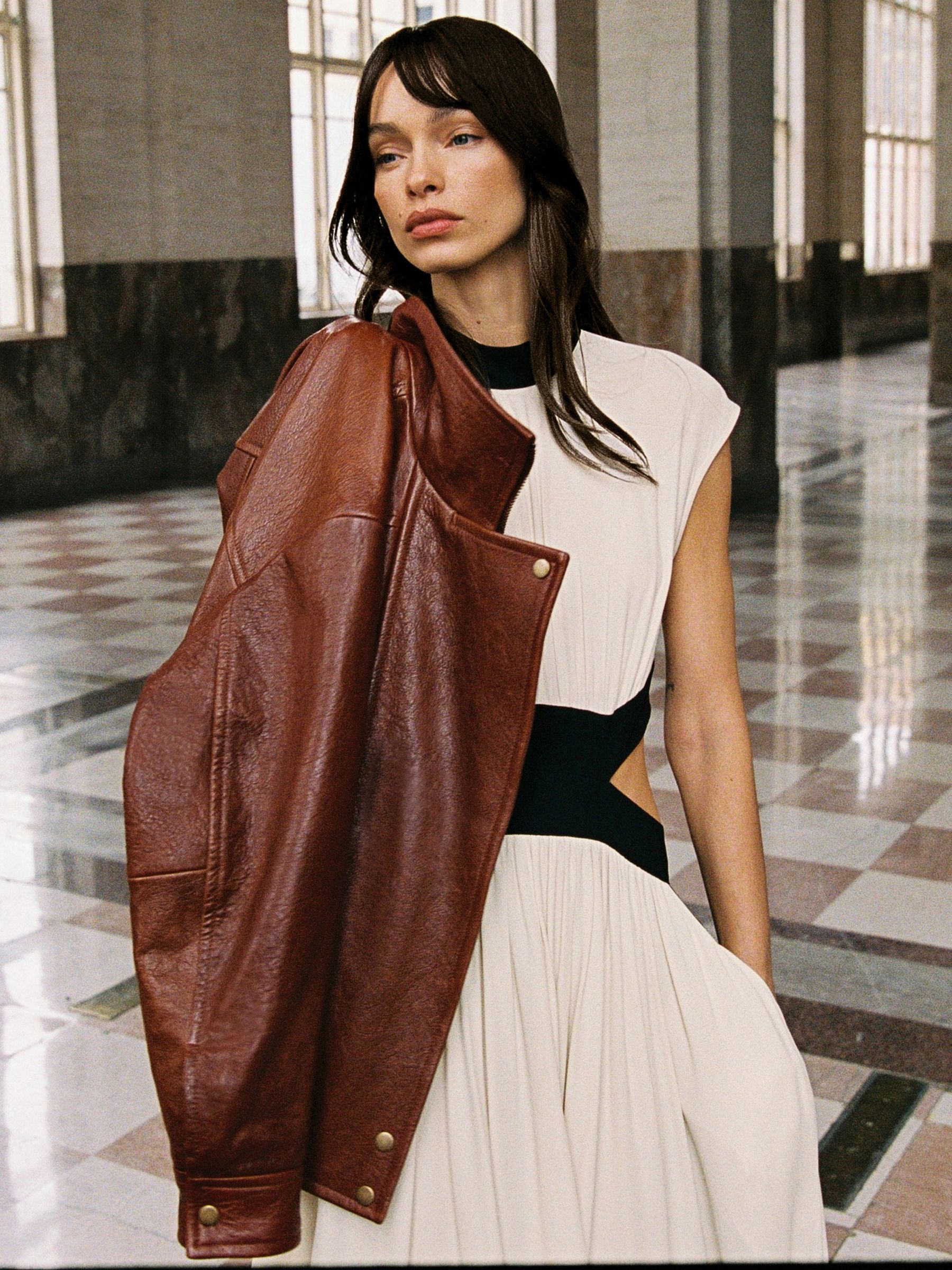 Textured Leather Oversized Jacket in Chestnut Brown - Image 1 of 9