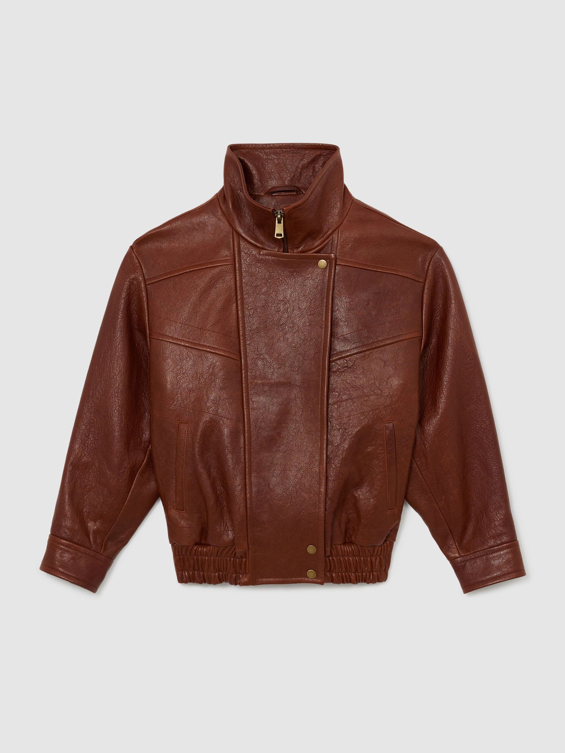 Textured Leather Oversized Jacket in Chestnut Brown - Image 2 of 9