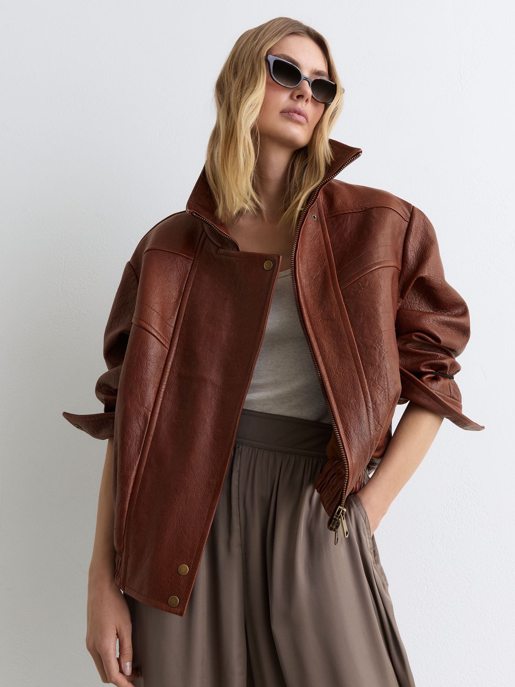 Textured Leather Oversized Jacket in Chestnut Brown - Image 3 of 9