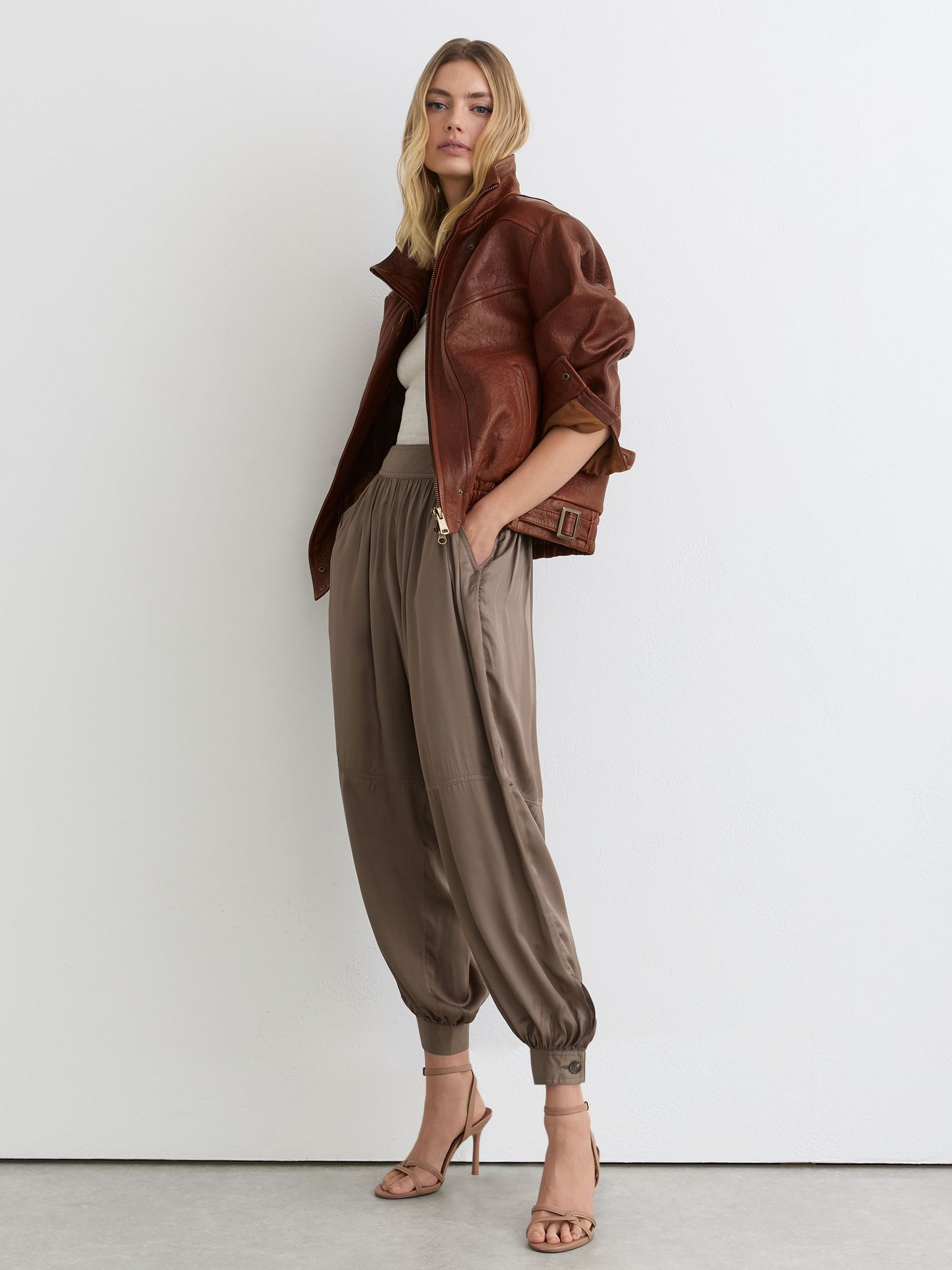 Textured Leather Oversized Jacket in Chestnut Brown - Image 4 of 9