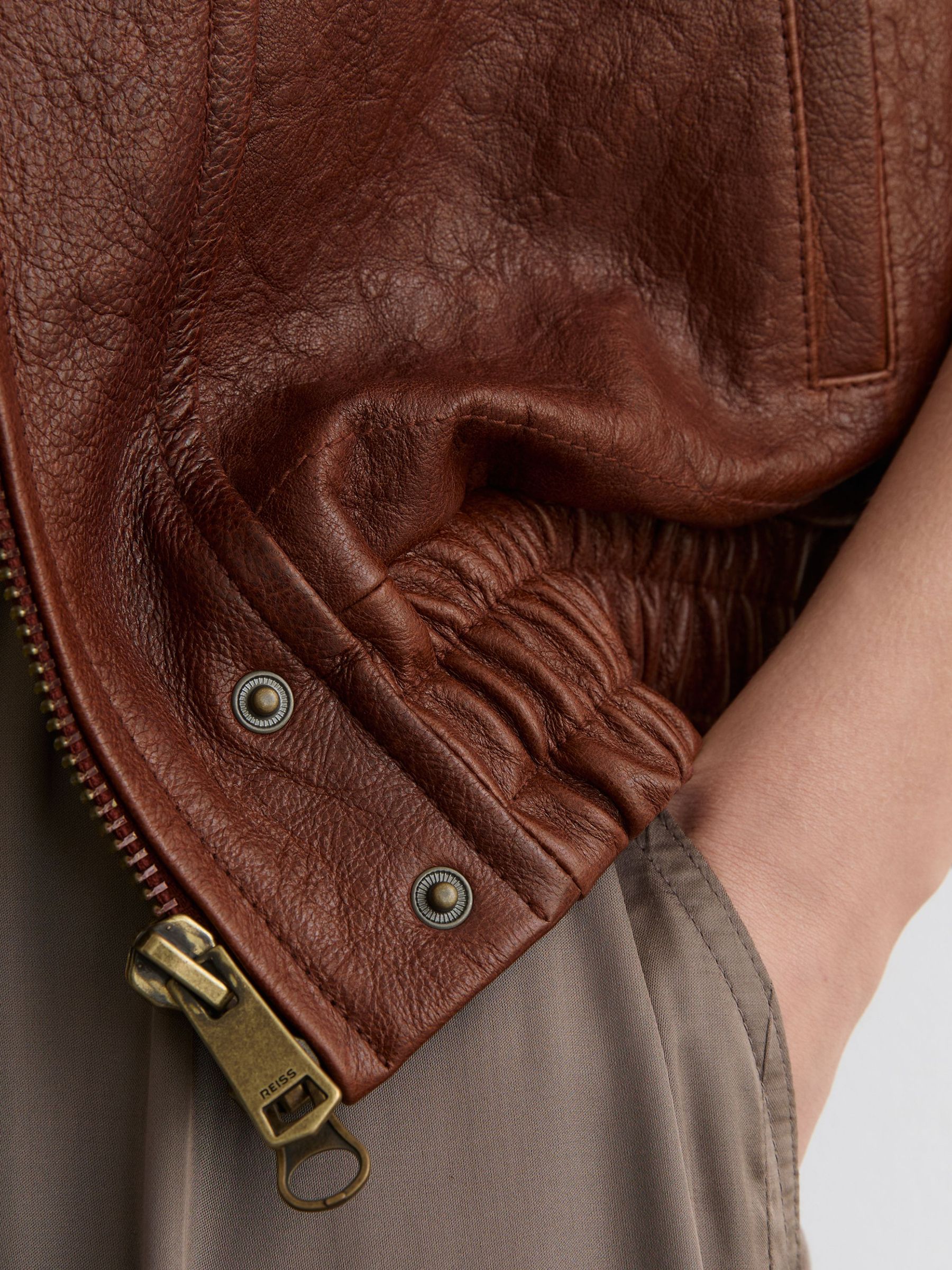 Textured Leather Oversized Jacket in Chestnut Brown - Image 5 of 9