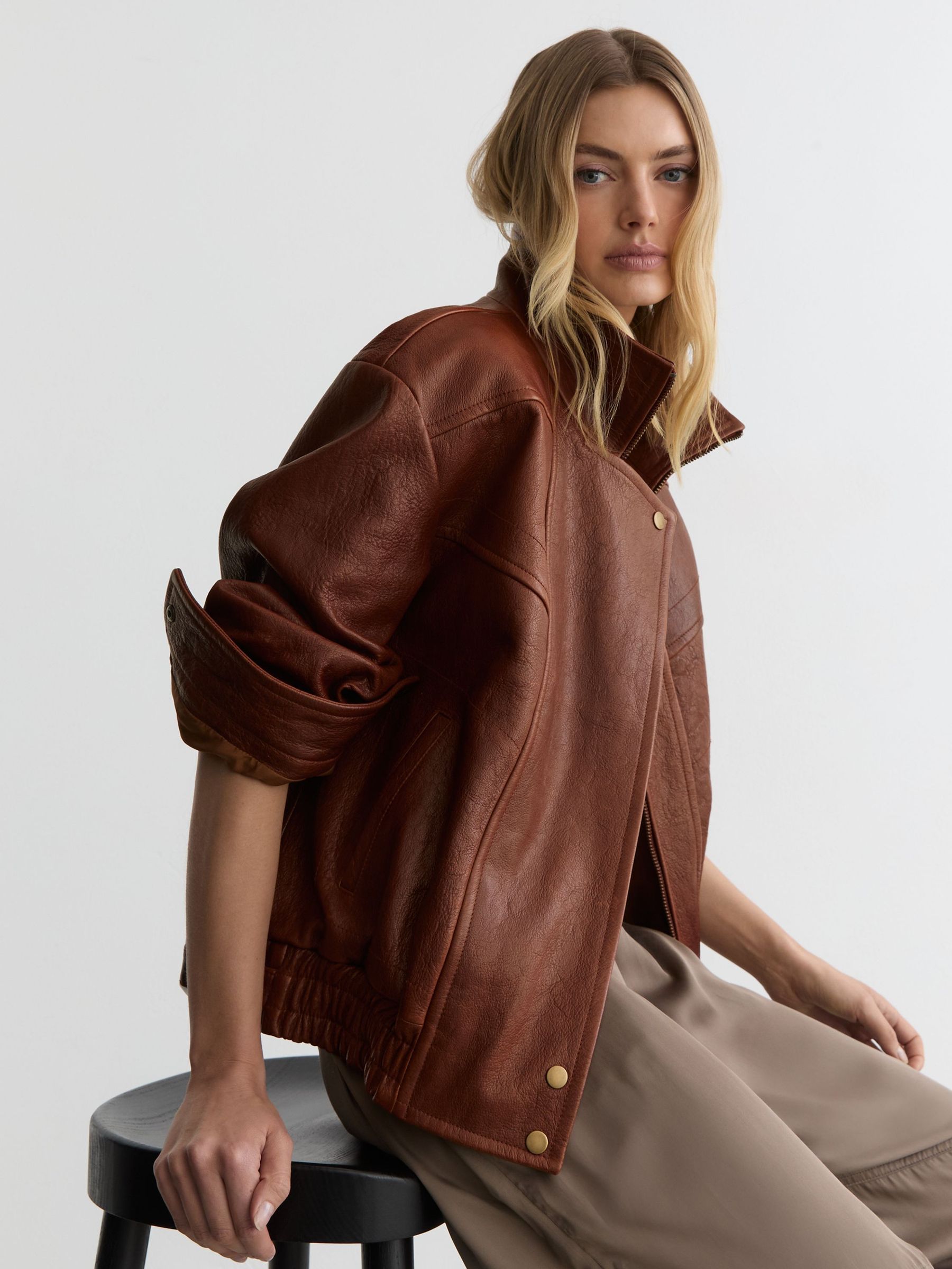 Textured Leather Oversized Jacket in Chestnut Brown - Image 8 of 9