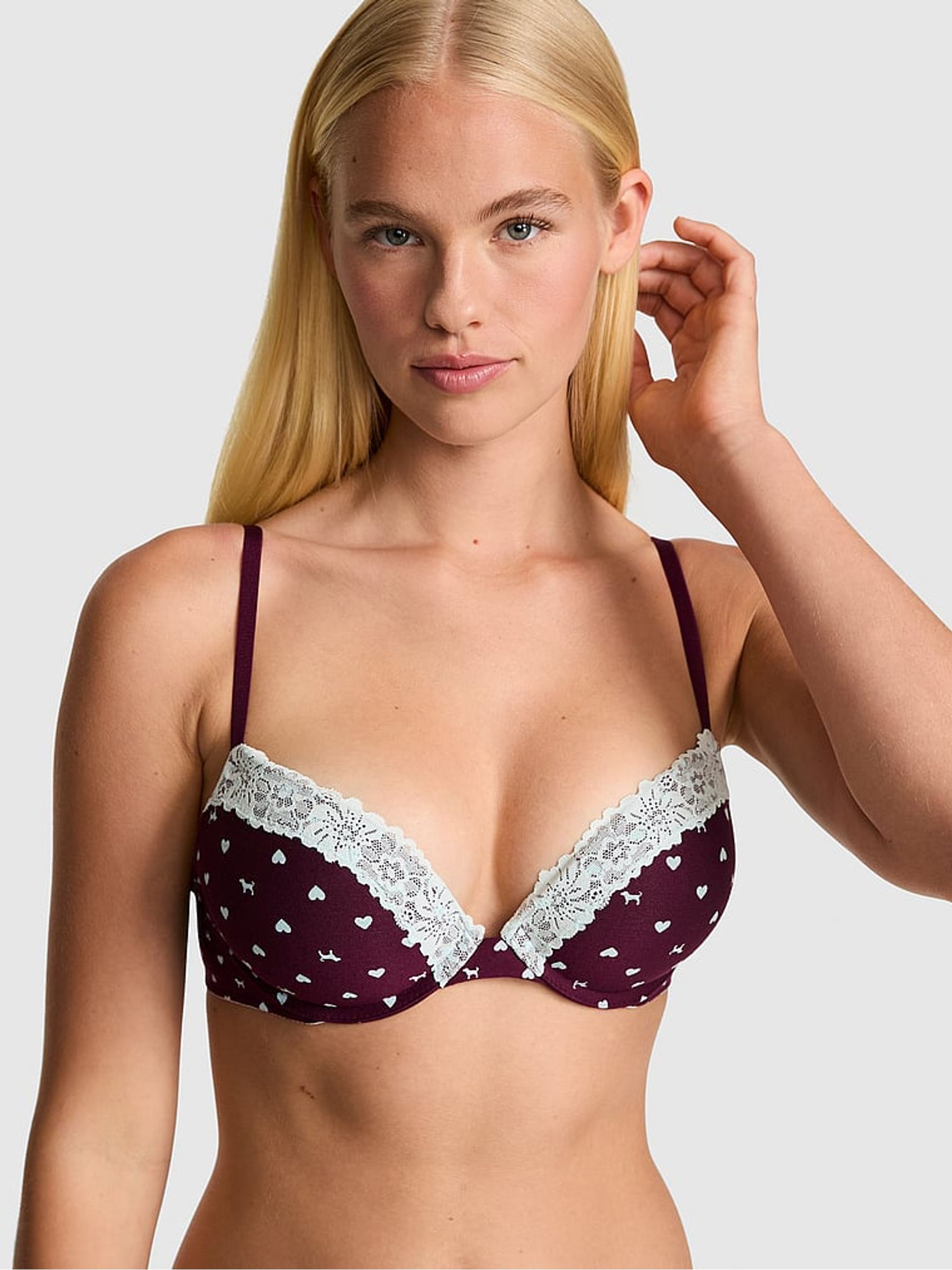 Purple Rose Dog Print Super Push Up Cotton Heather Lace Trim Bra - Image 1 of 2 Purple Rose Dog Print Super Push Up Cotton Heather Lace Trim Bra - Image 1 of 2