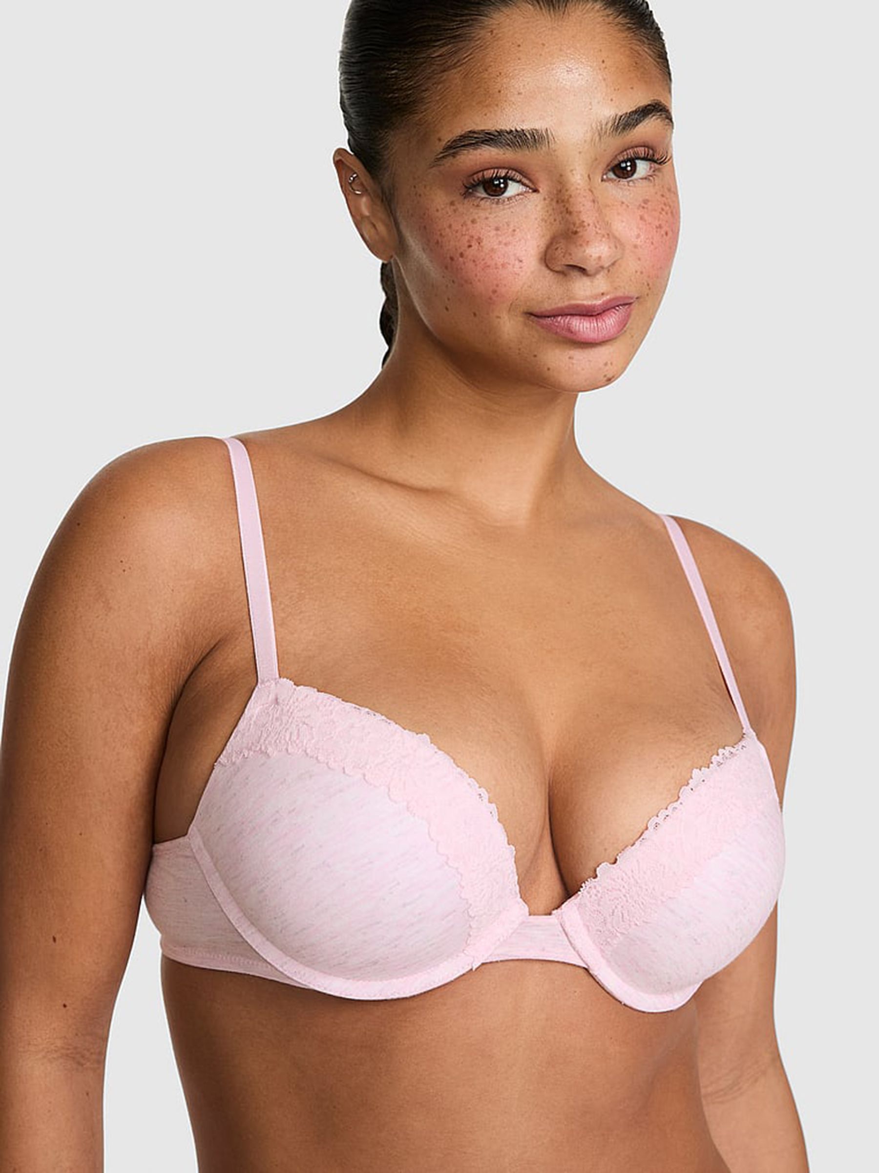 Petal Pink Super Push Up Cotton Heather Lace Trim Bra - Image 1 of 2 Petal Pink Super Push Up Cotton Heather Lace Trim Bra - Image 1 of 2