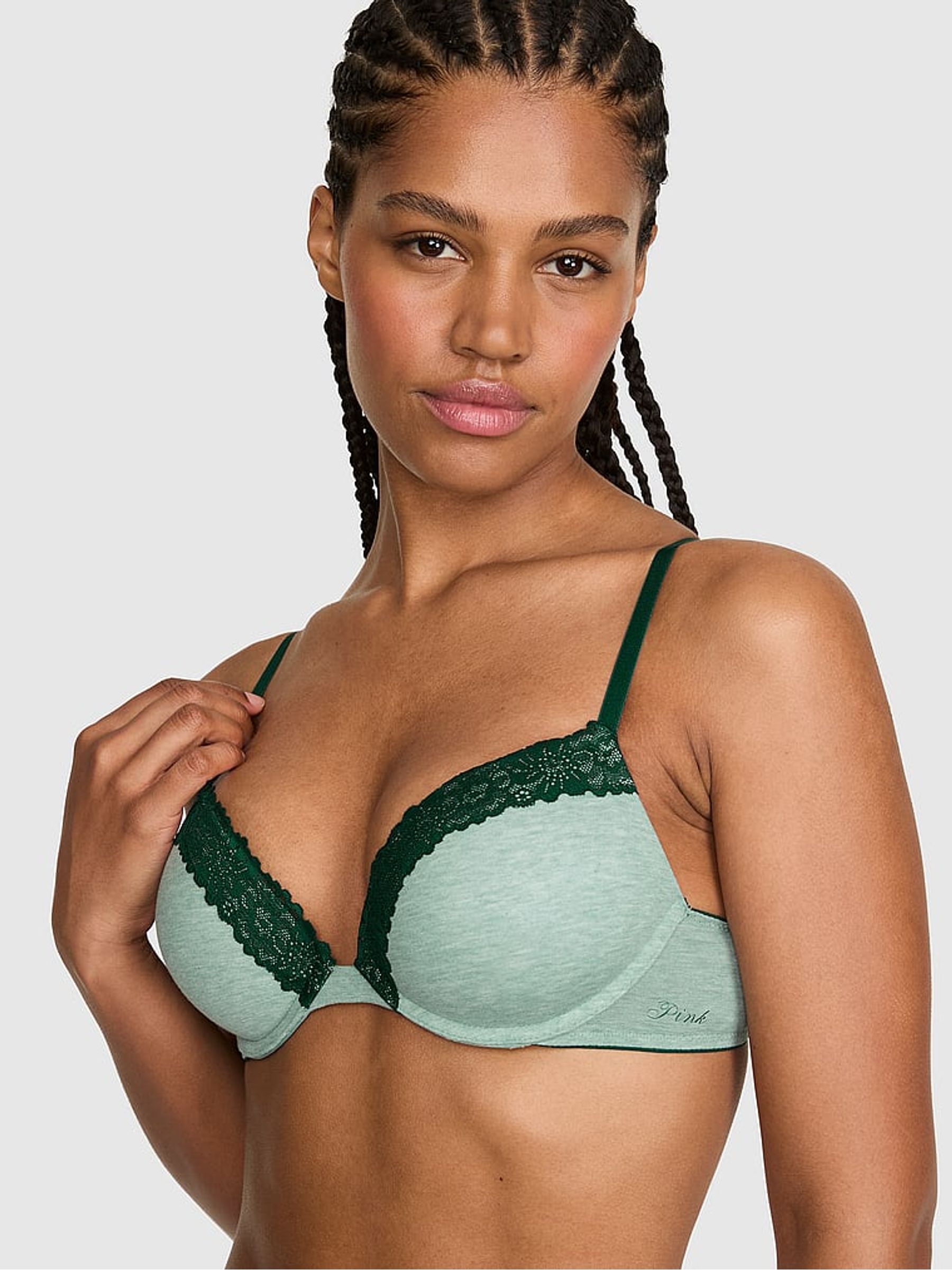 Soft Sage Green Super Push Up Cotton Heather Lace Trim Bra - Image 1 of 2 Soft Sage Green Super Push Up Cotton Heather Lace Trim Bra - Image 1 of 2