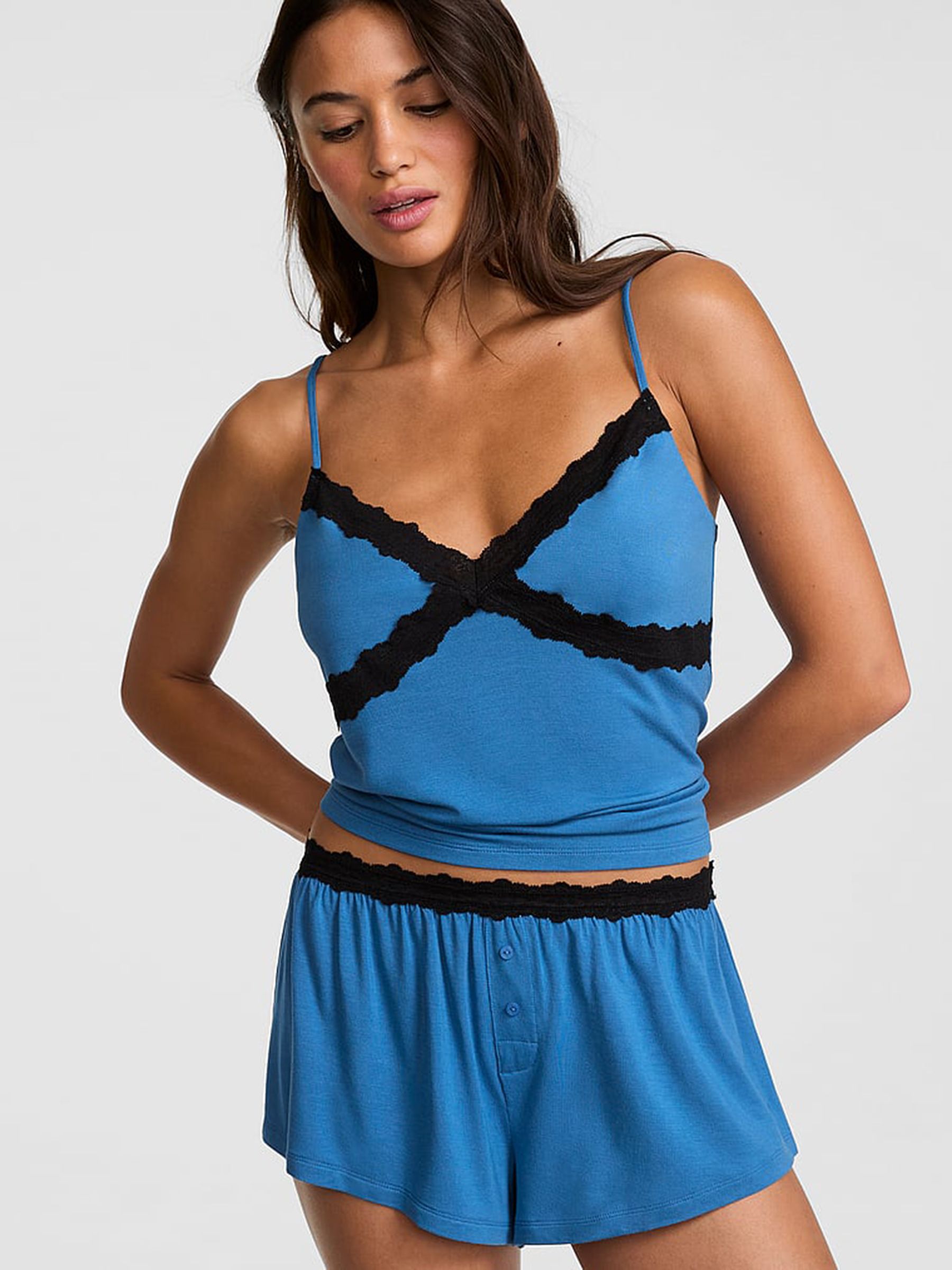 Varsity Blue Modal Lace Micro Short Pyjama Bottoms - Image 1 of 2