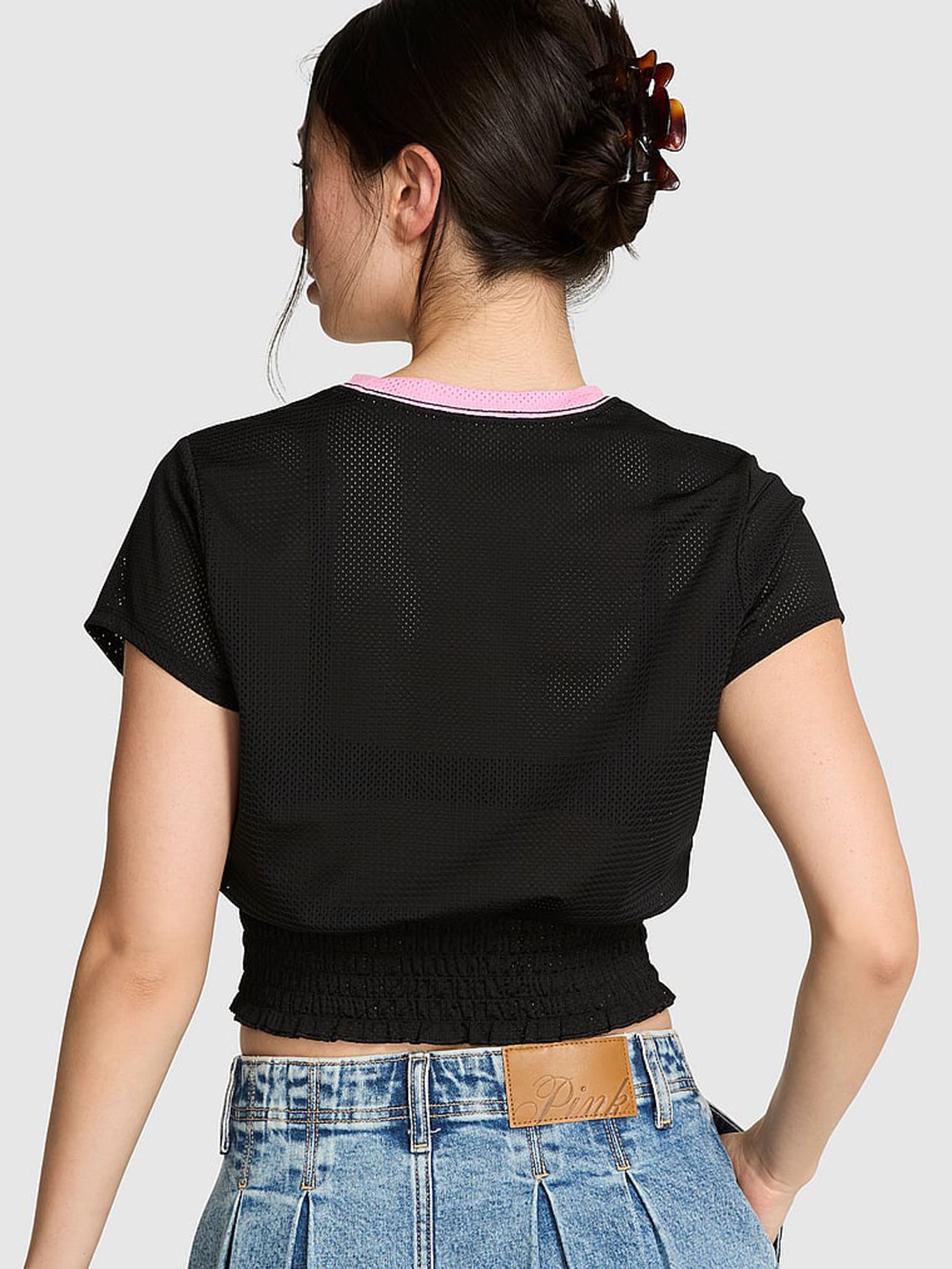 Black Smocked Mesh Football Jersey Top - Image 2 of 2 Black Smocked Mesh Football Jersey Top - Image 2 of 2