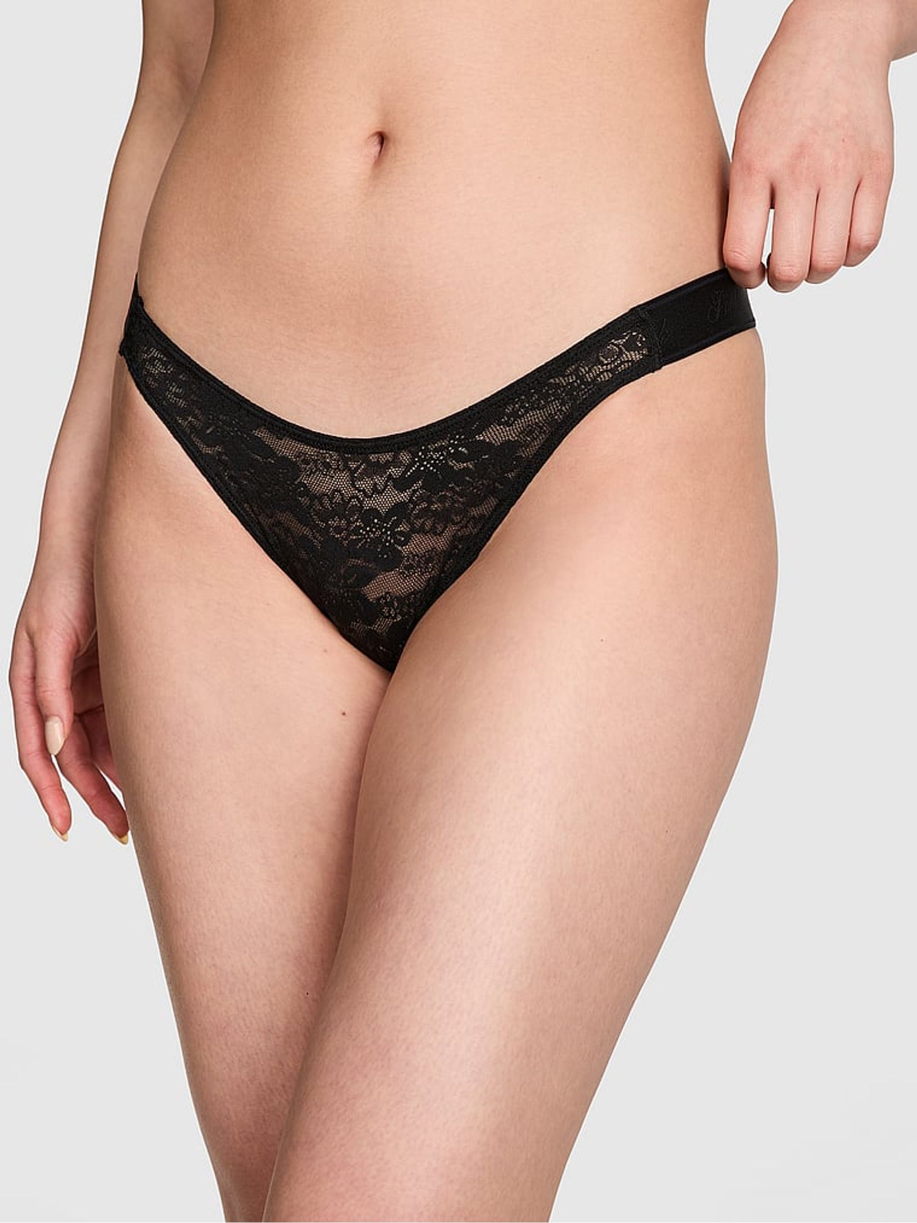 Black Thong Lace Logo Knickers - Image 1 of 2