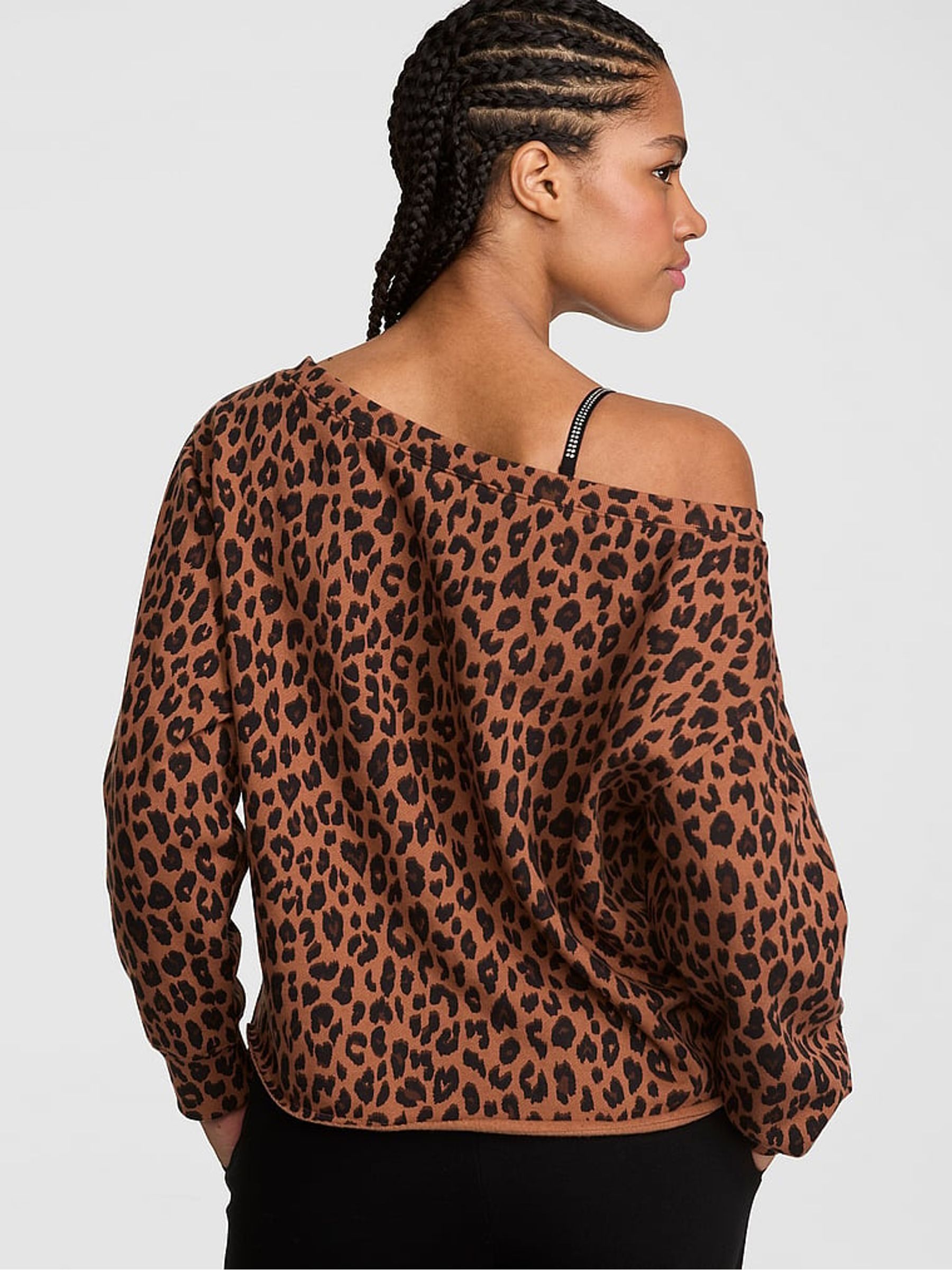 Leopard Brown Off The Shoulder Fleece Sweatshirt - Image 2 of 2 Leopard Brown Off The Shoulder Fleece Sweatshirt - Image 2 of 2