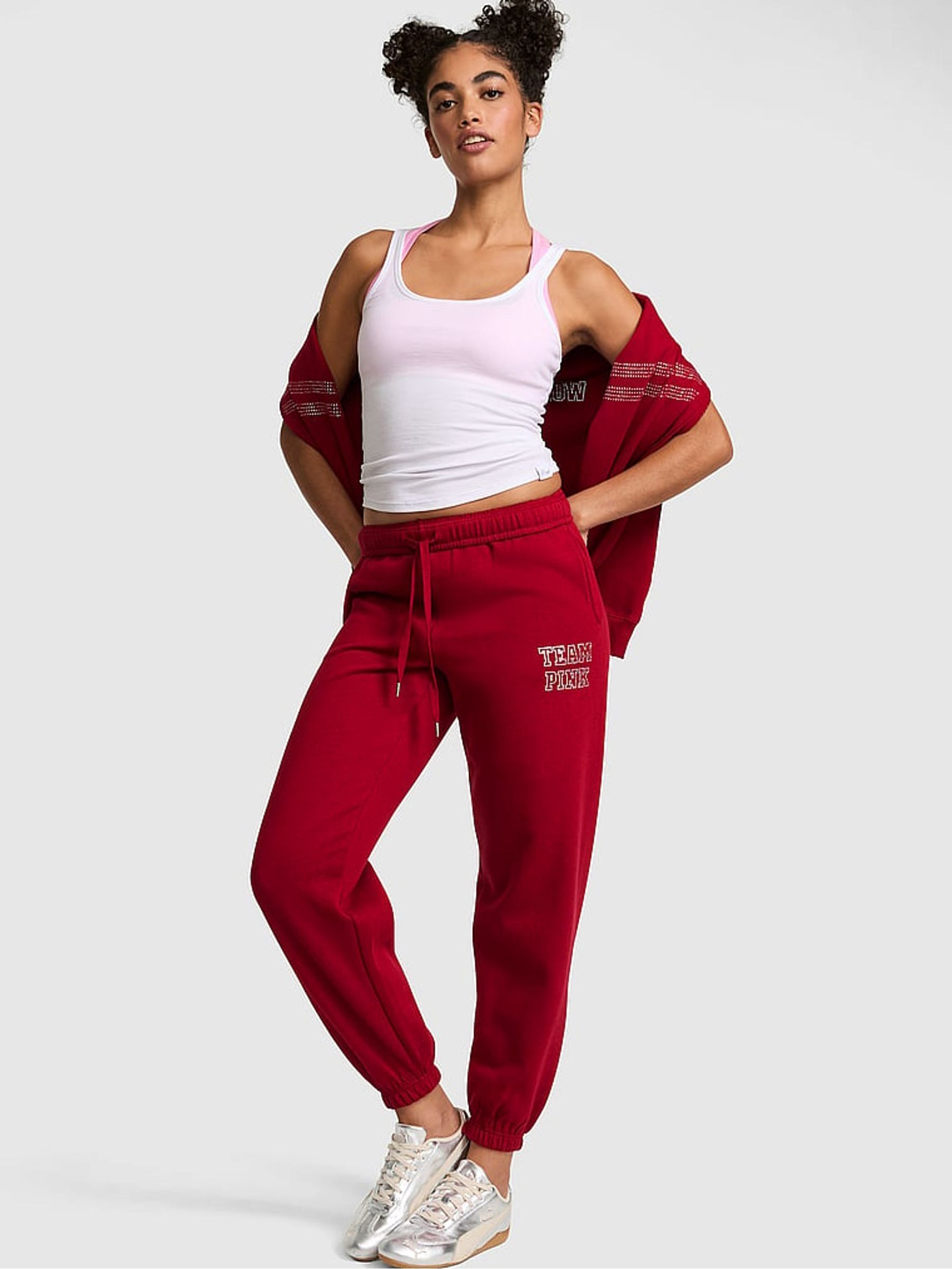 Red Lacquer Cuffed Fleece Joggers - Image 1 of 2
