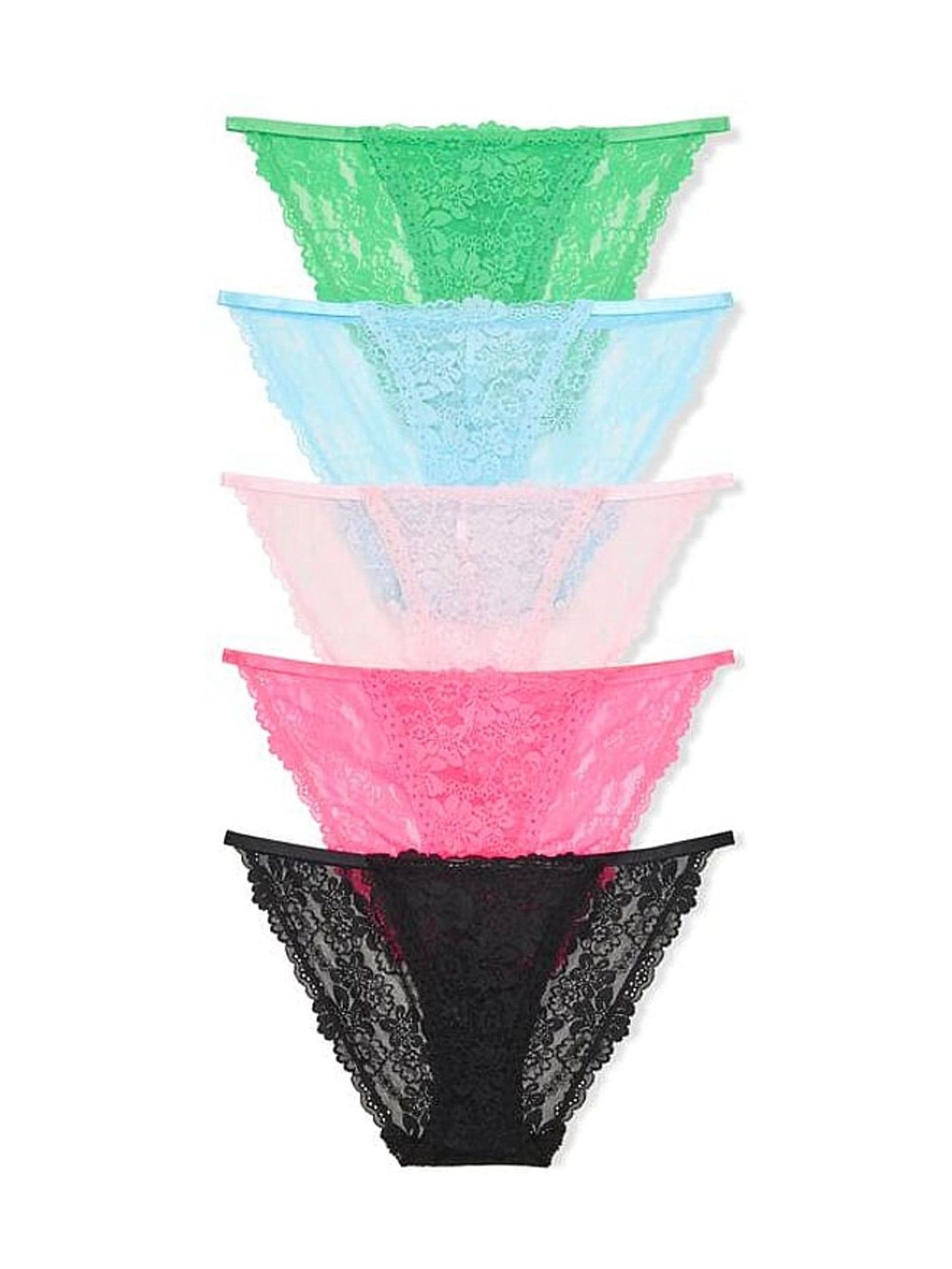 Green/Blue/Pink/Black String Bikini 5 Pack Lace Knickers - Image 1 of 1 Green/Blue/Pink/Black String Bikini 5 Pack Lace Knickers - Image 1 of 1