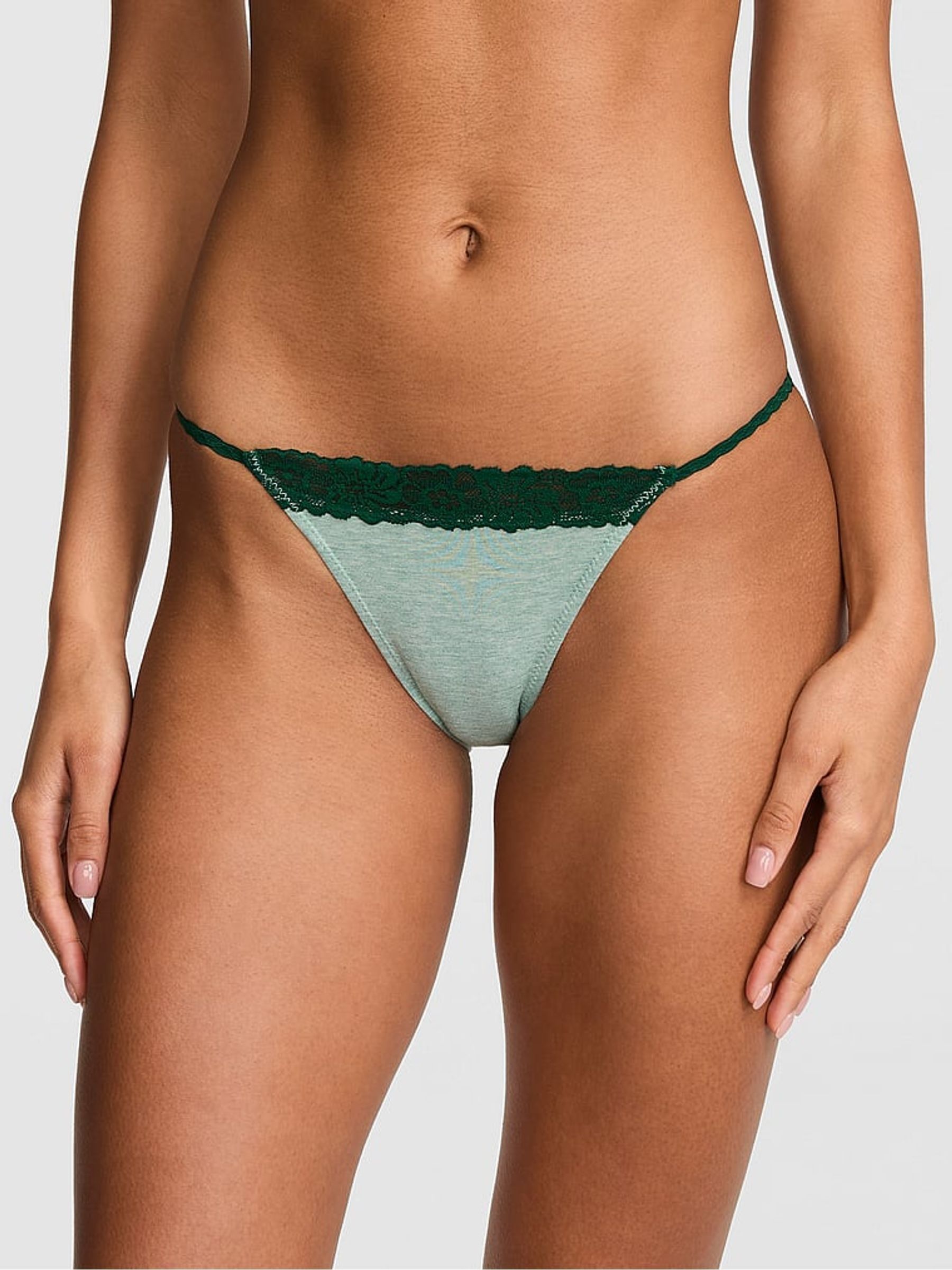 Soft Sage Green Bikini Cotton Heather Lace Trim Knickers - Image 1 of 2