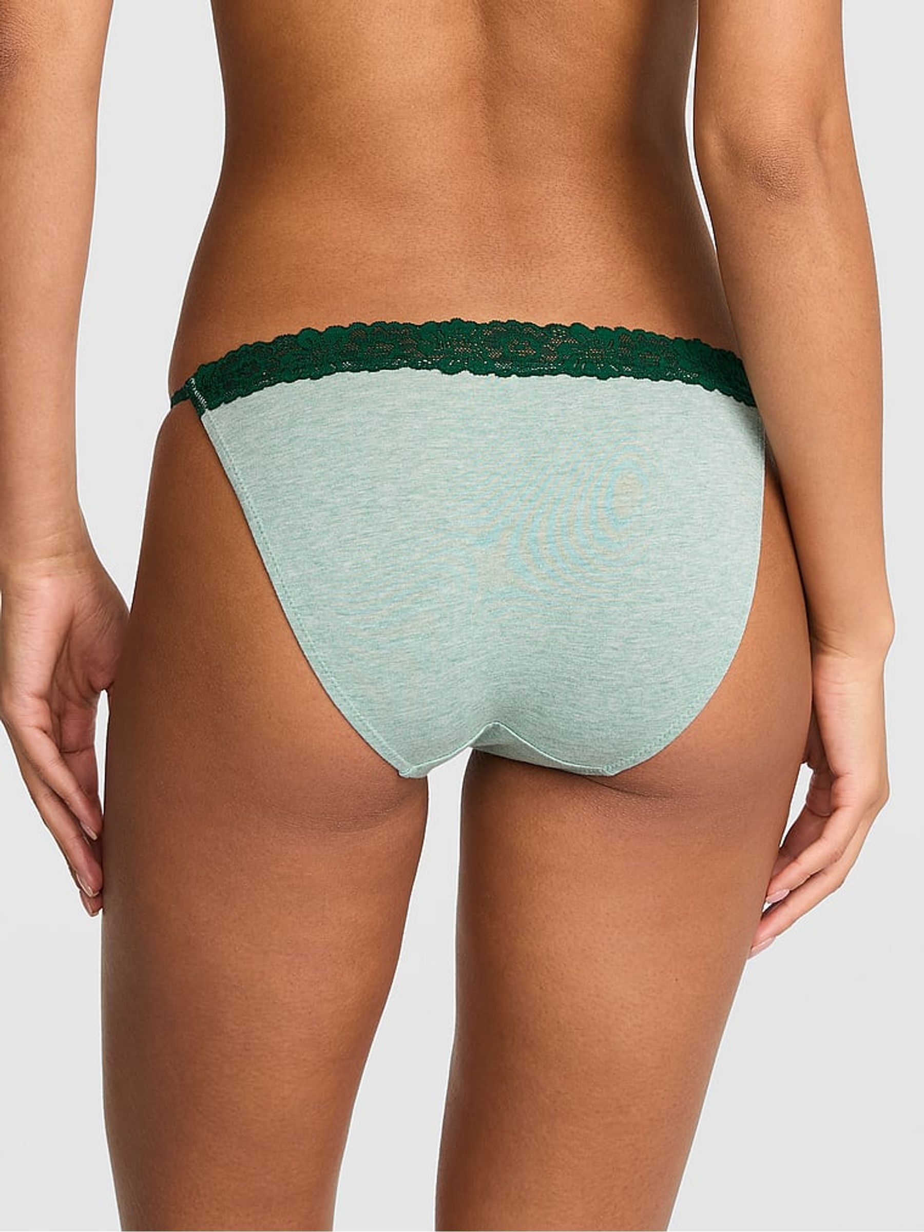 Soft Sage Green Bikini Cotton Heather Lace Trim Knickers - Image 2 of 2