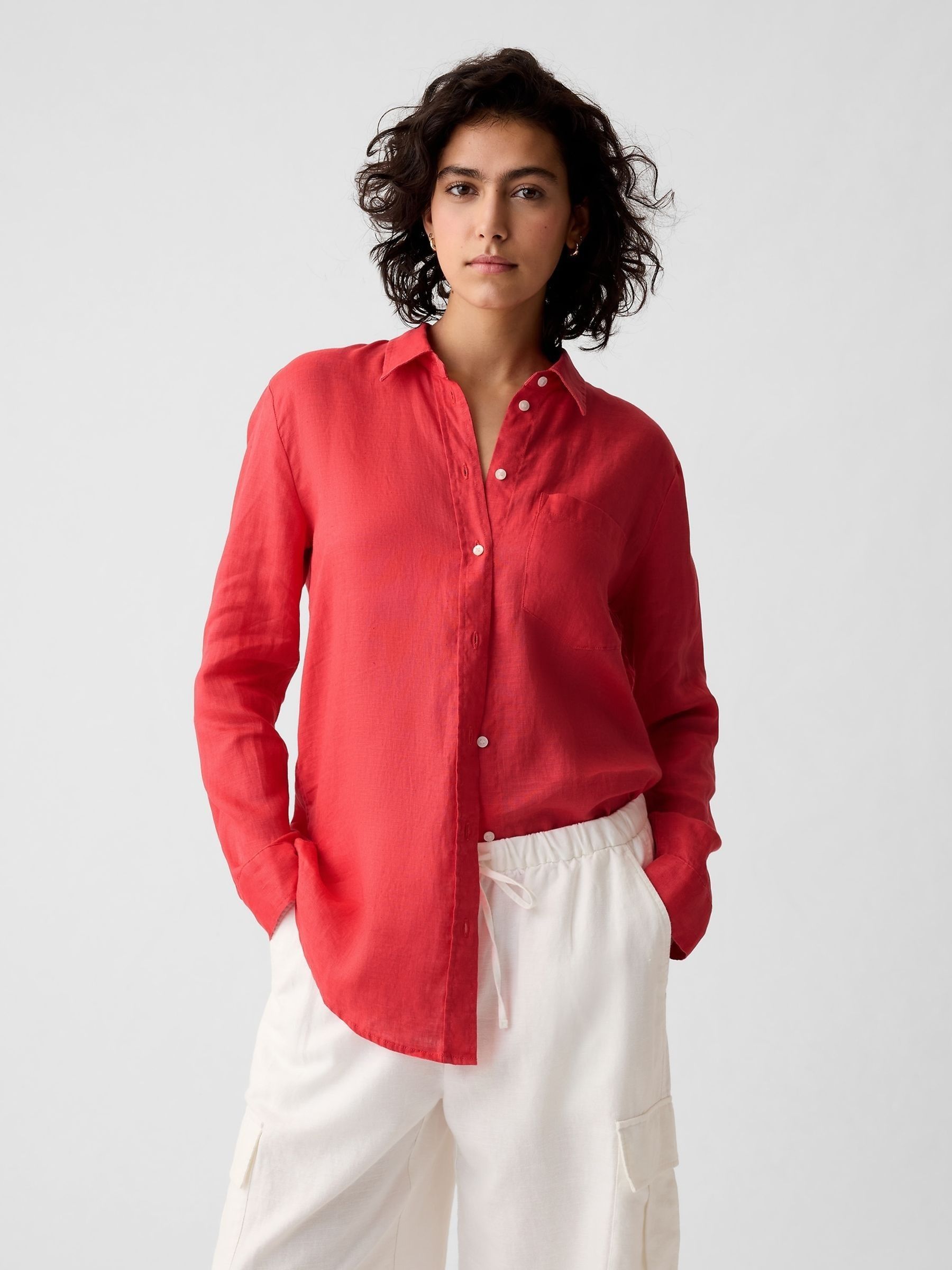 Red 100% Linen Long Sleeve Oversized Shirt Gap