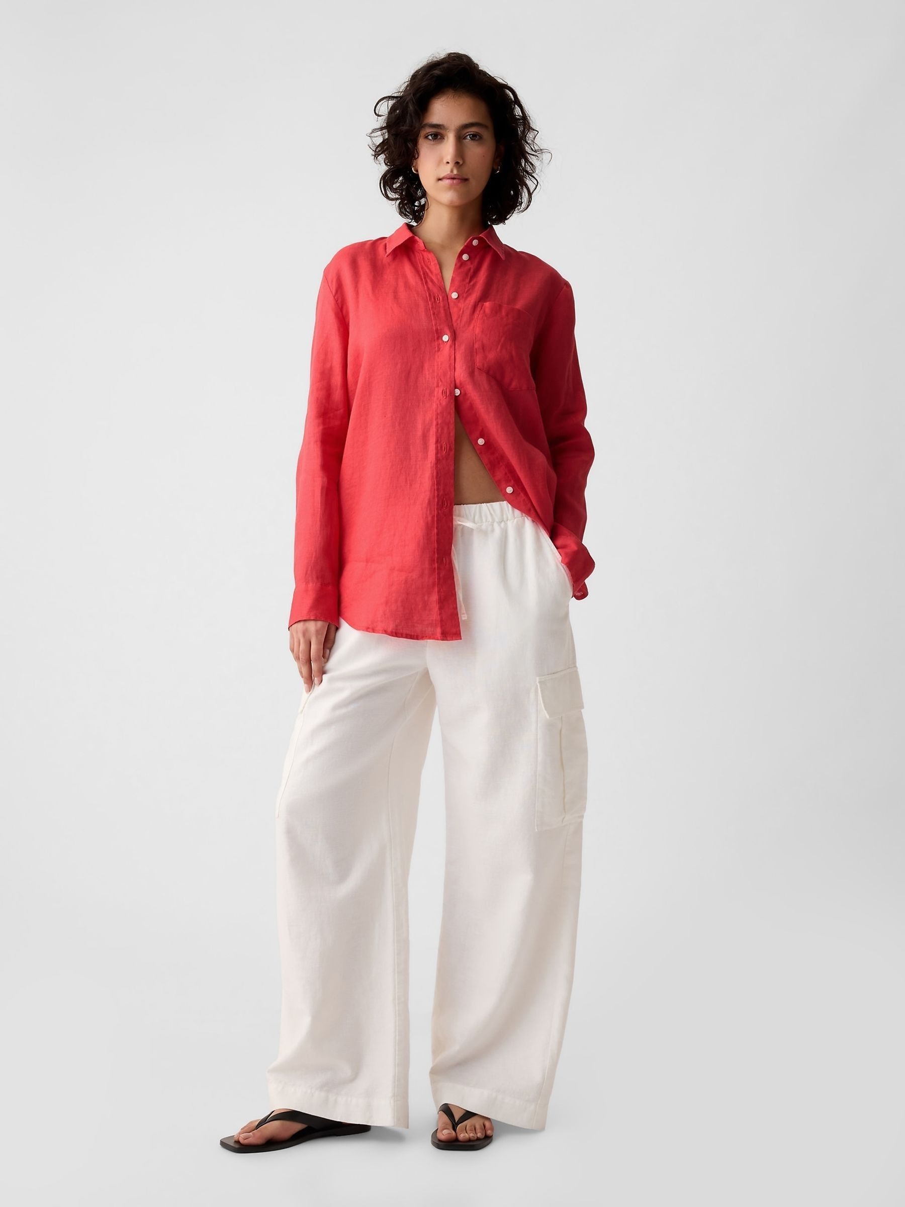 Red 100% Linen Long Sleeve Oversized Shirt - Image 3 of 5