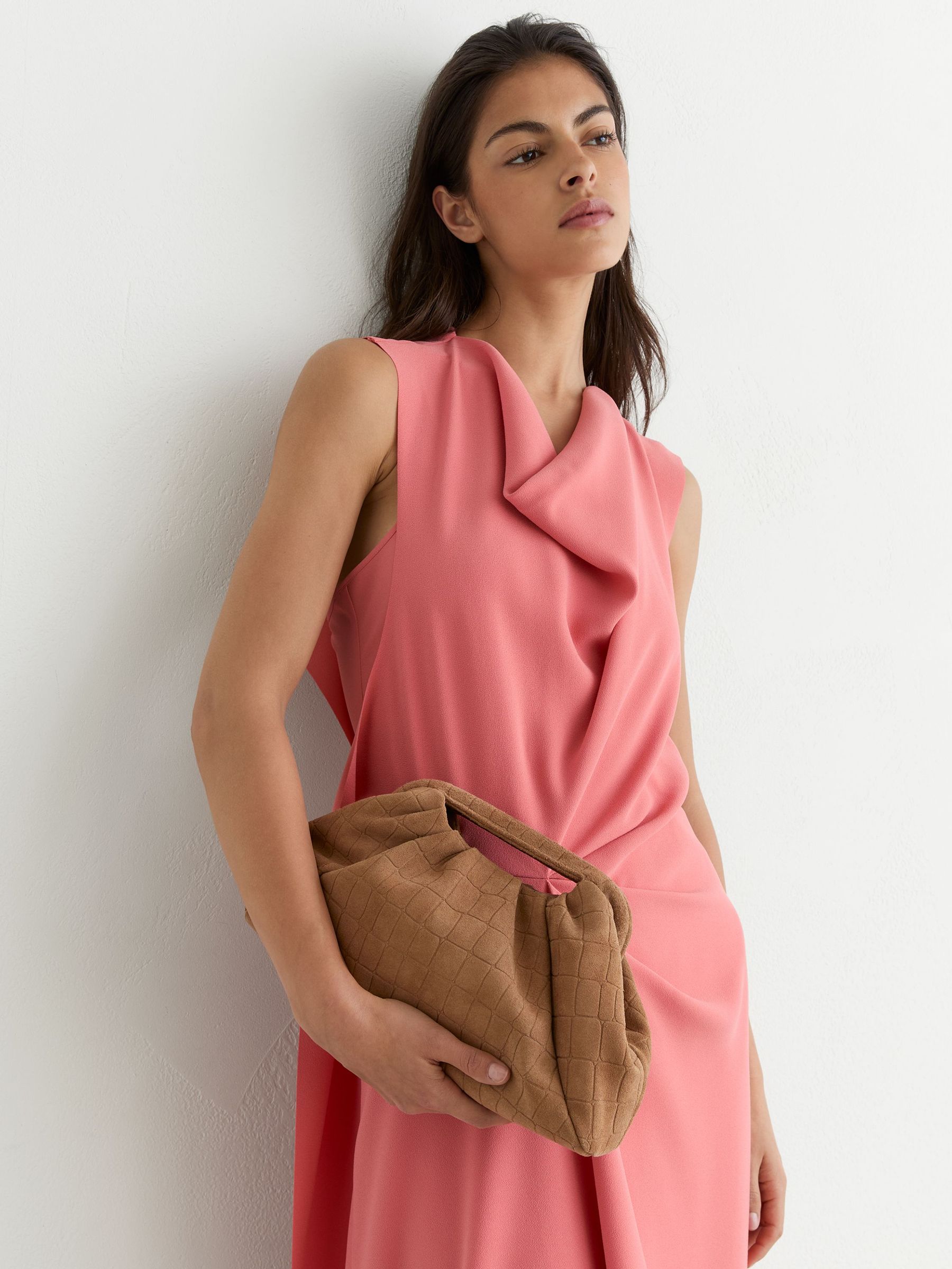 Suede Croc-Embossed Pouch Clutch Bag in Tan - Image 1 of 7