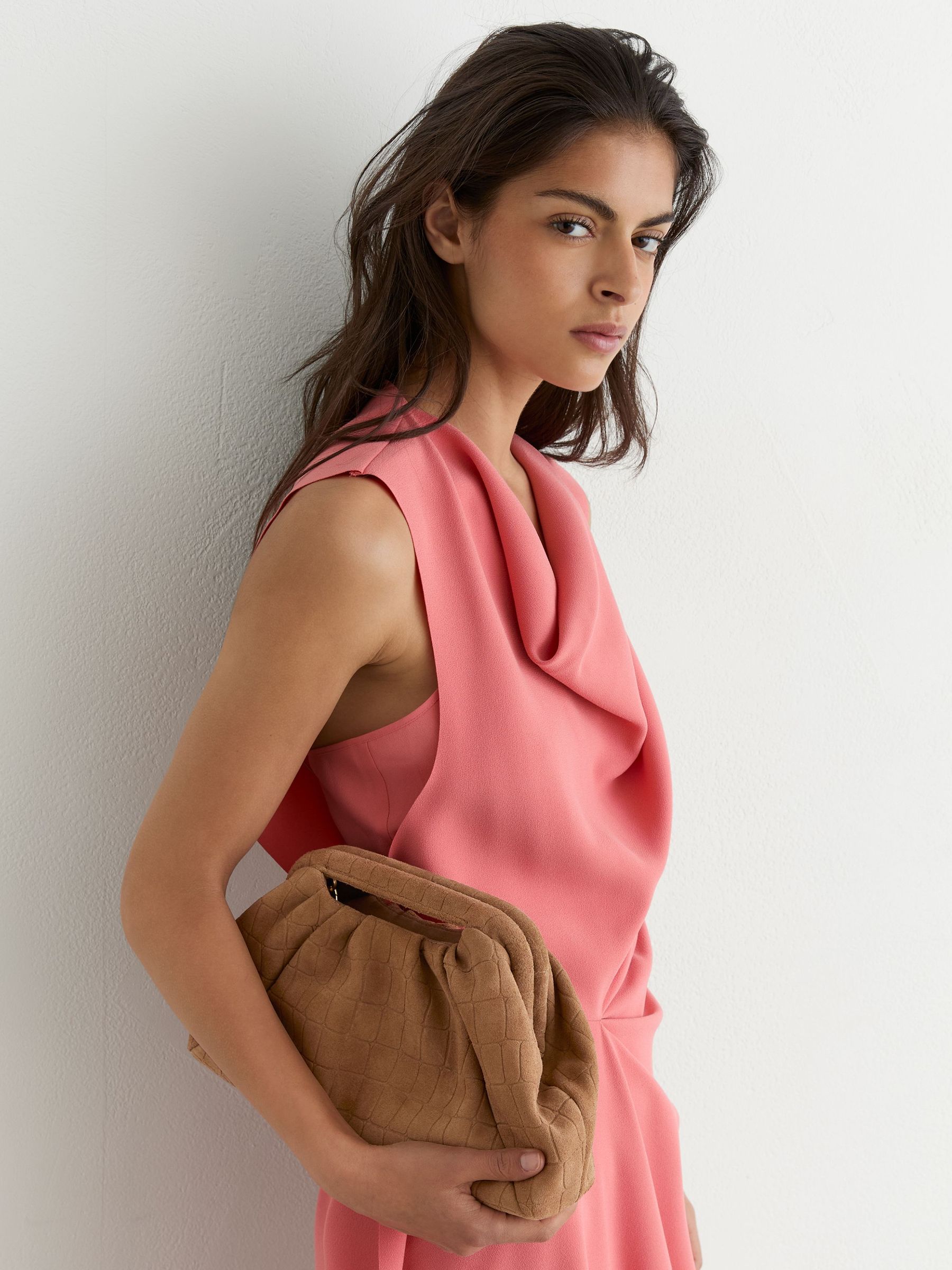 Suede Croc-Embossed Pouch Clutch Bag in Tan - Image 2 of 7