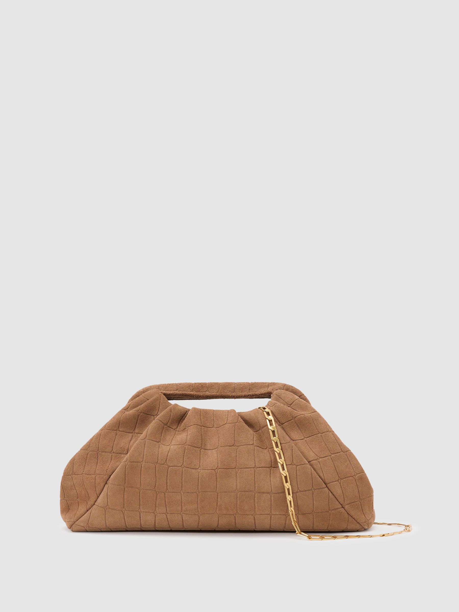 Suede Croc-Embossed Pouch Clutch Bag in Tan - Image 3 of 7