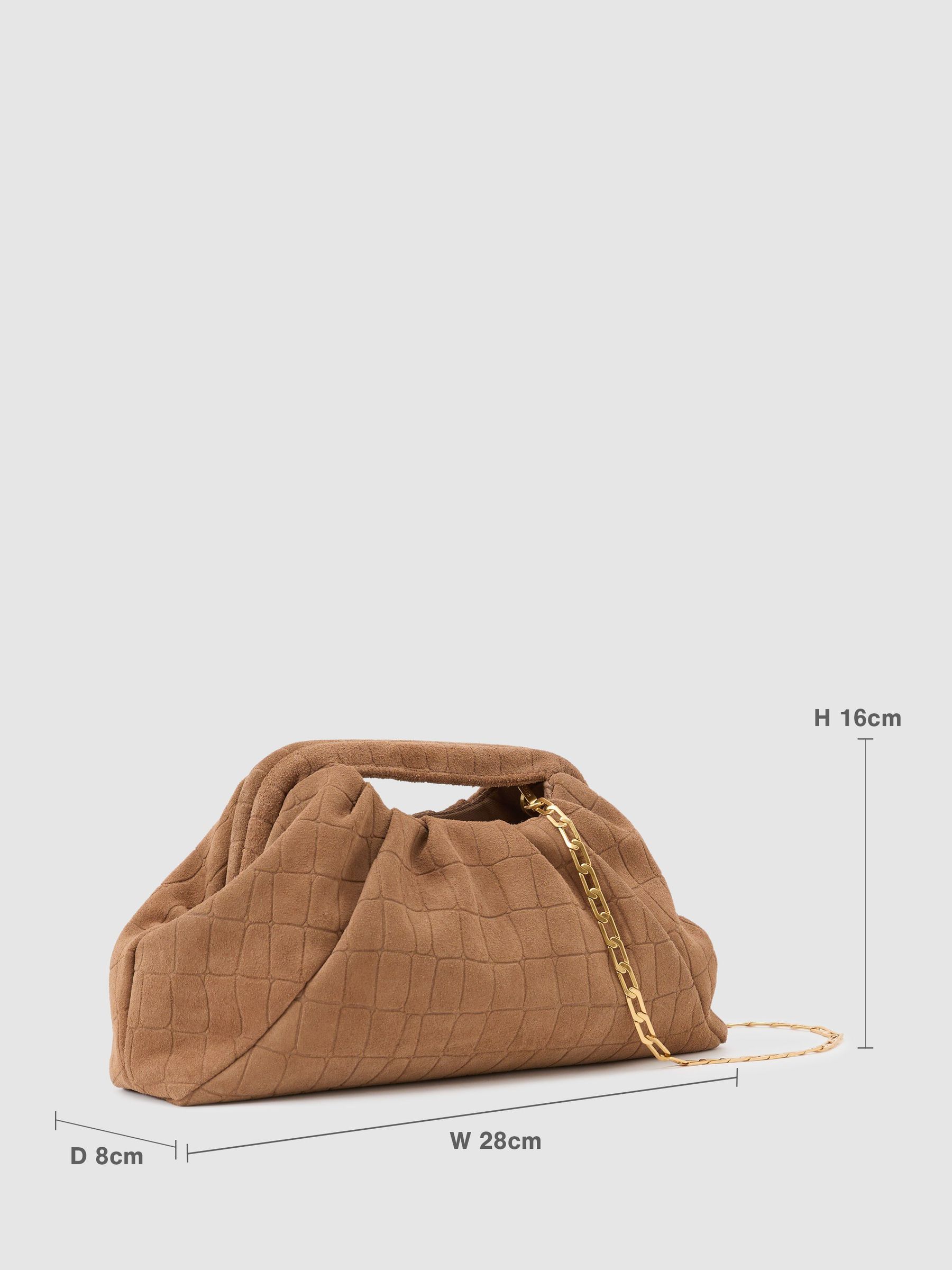 Suede Croc-Embossed Pouch Clutch Bag in Tan - Image 4 of 7