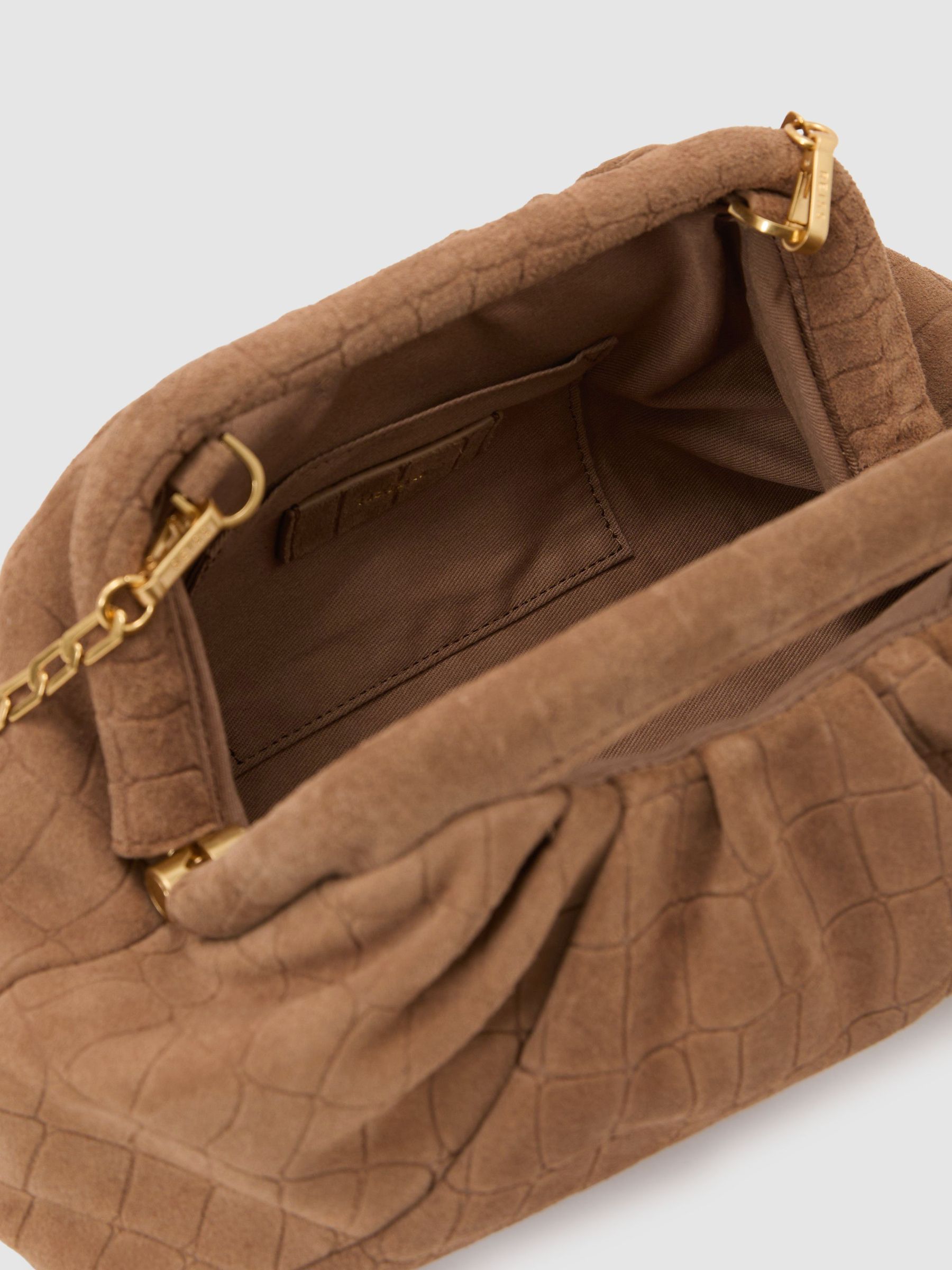 Suede Croc-Embossed Pouch Clutch Bag in Tan - Image 5 of 7