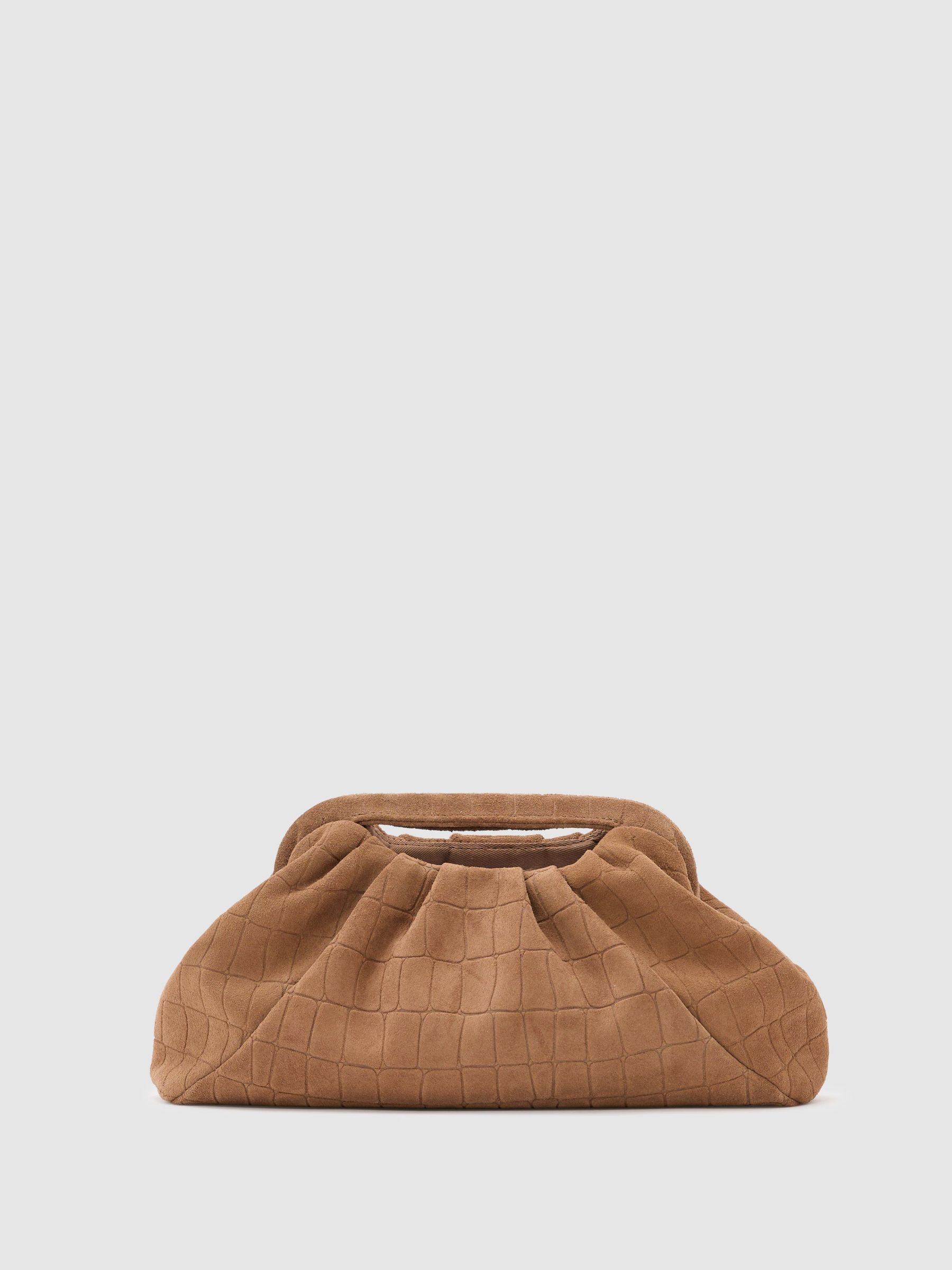 Suede Croc-Embossed Pouch Clutch Bag in Tan - Image 6 of 7