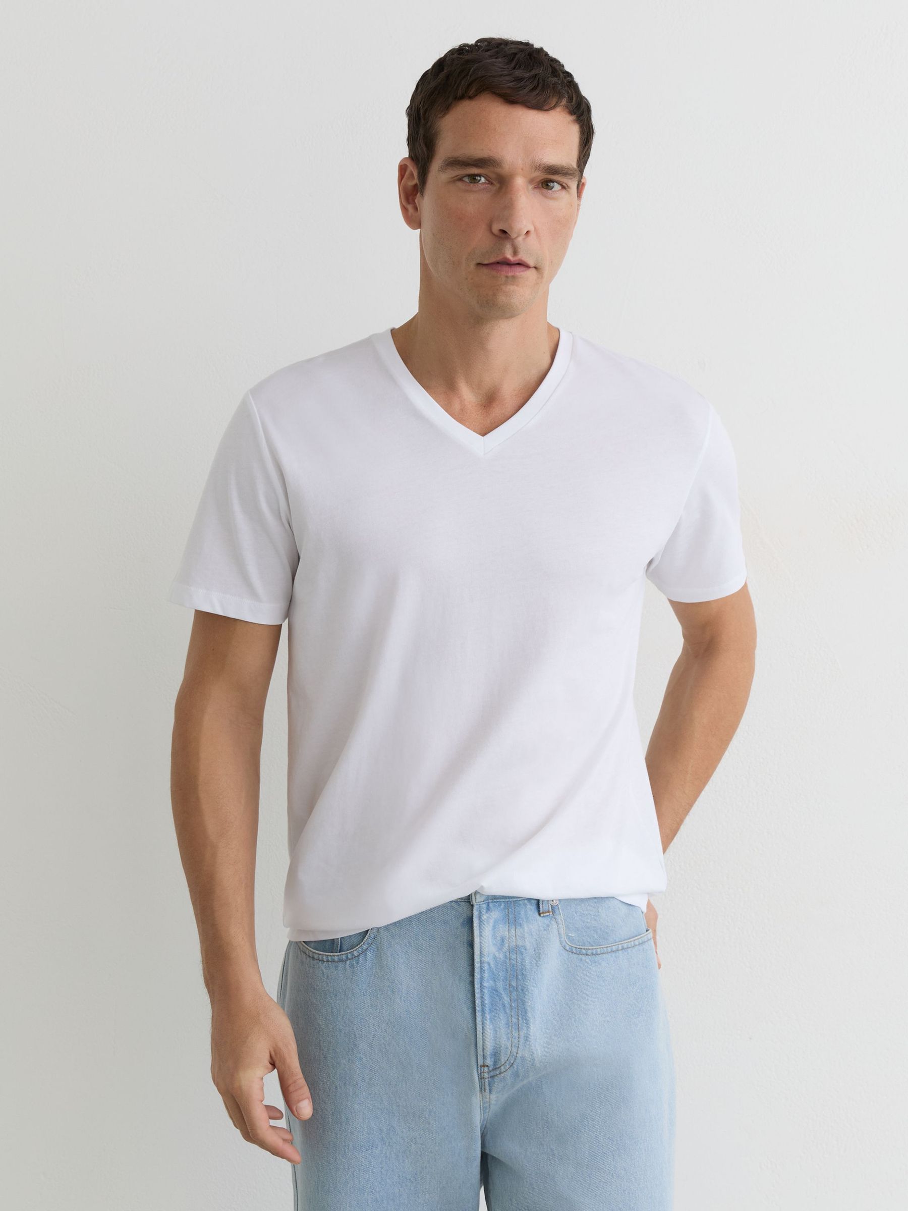 Cotton V-neck Tailored-Fit T-Shirt in White - Image 1 of 6