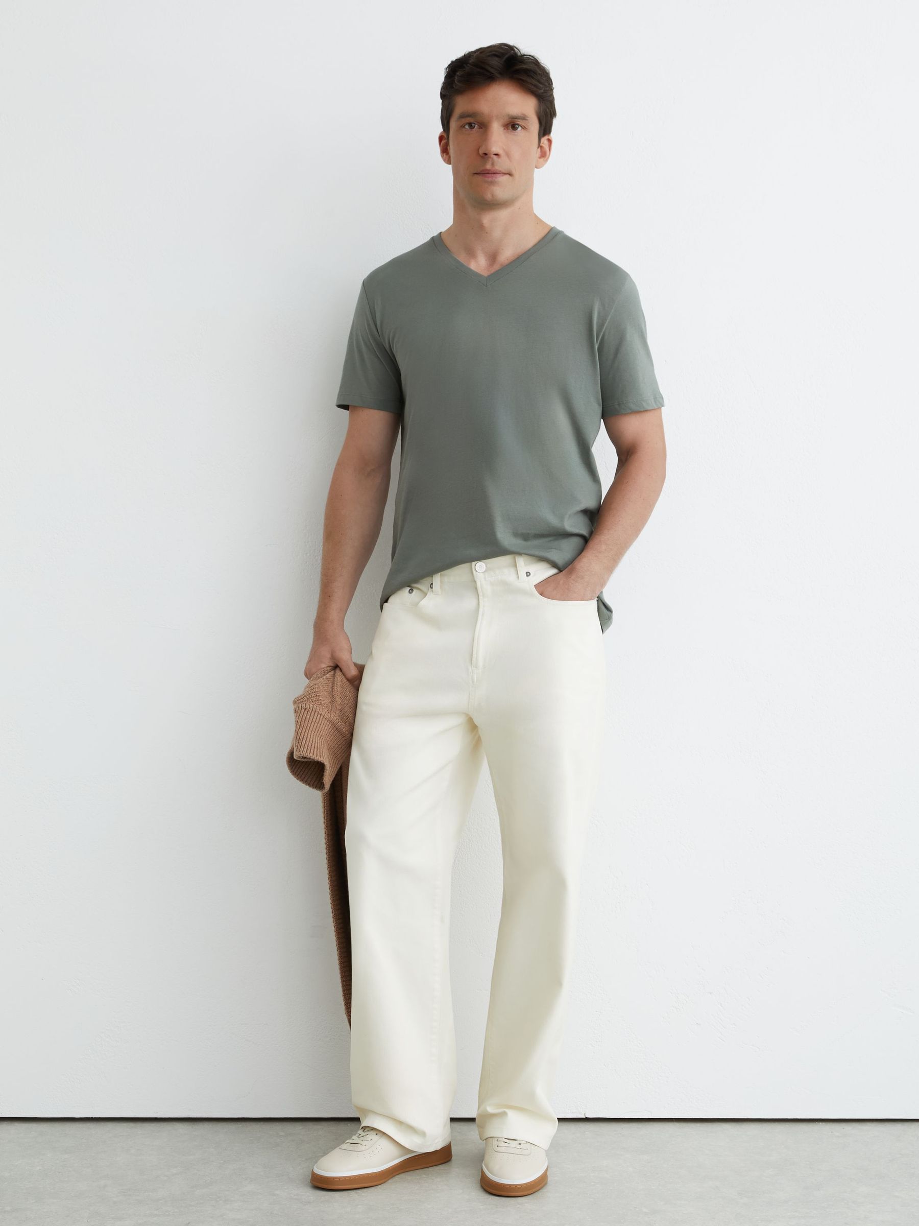 Cotton V-neck Tailored-Fit T-Shirt in Sage Green - Image 1 of 6