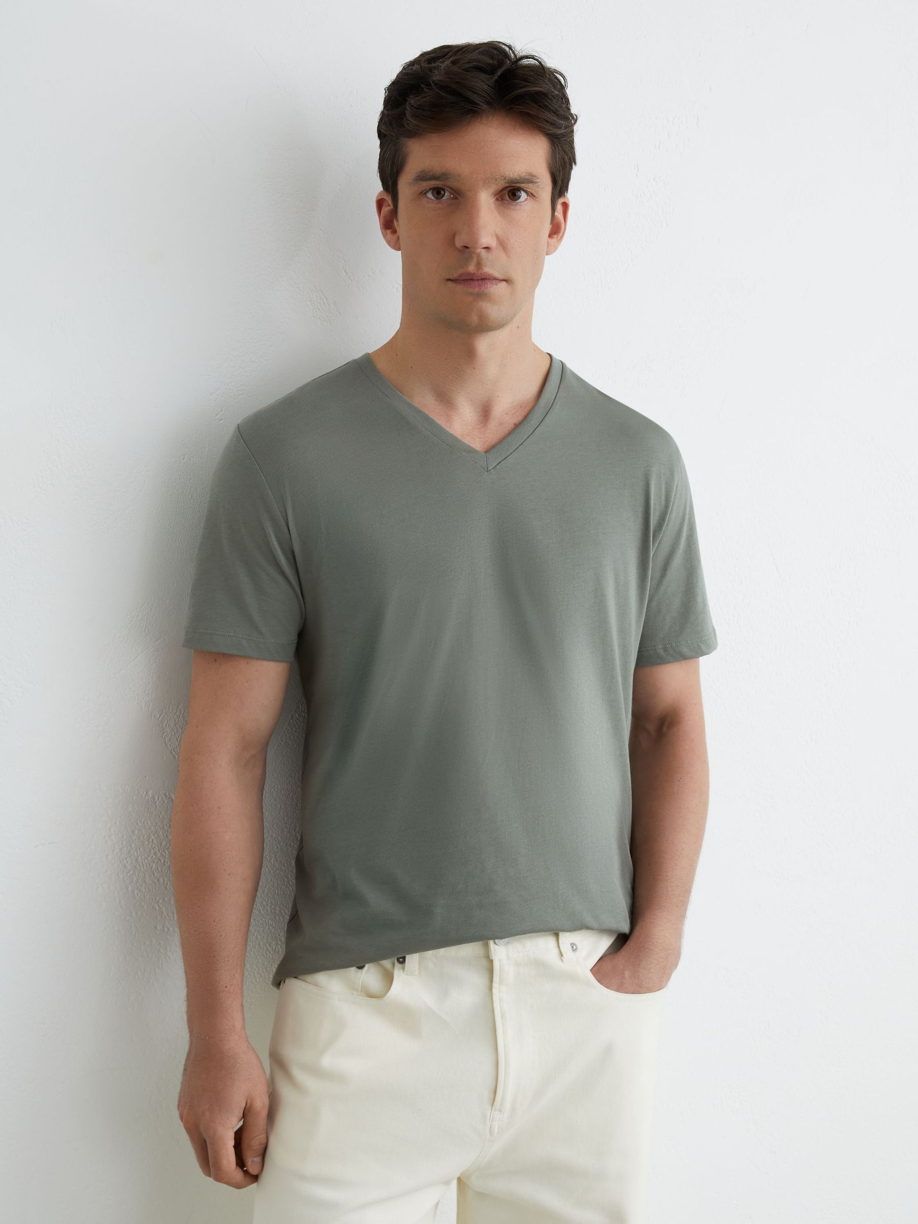 Cotton V-neck Tailored-Fit T-Shirt in Sage Green - Image 4 of 6