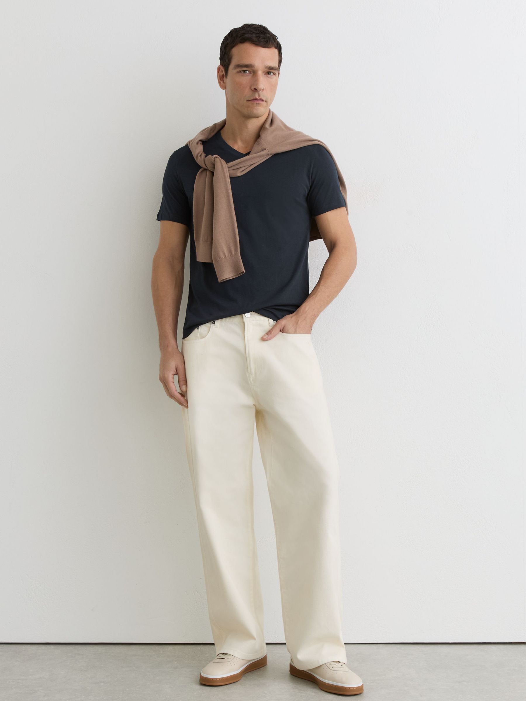 Cotton V-neck Tailored-Fit T-Shirt in Navy - Image 1 of 6