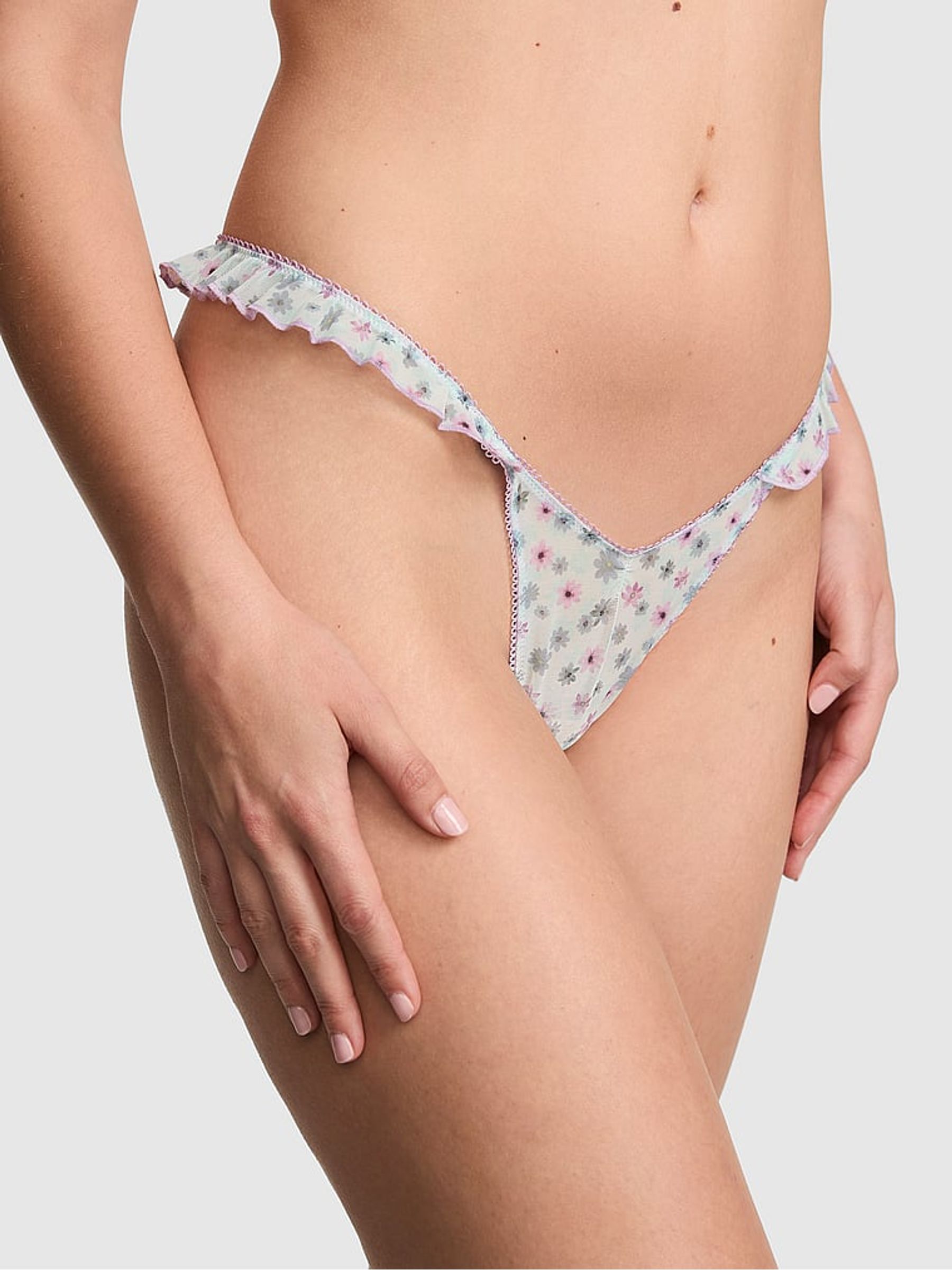 Spray Blue Floral Thong Mesh Knickers - Image 1 of 2