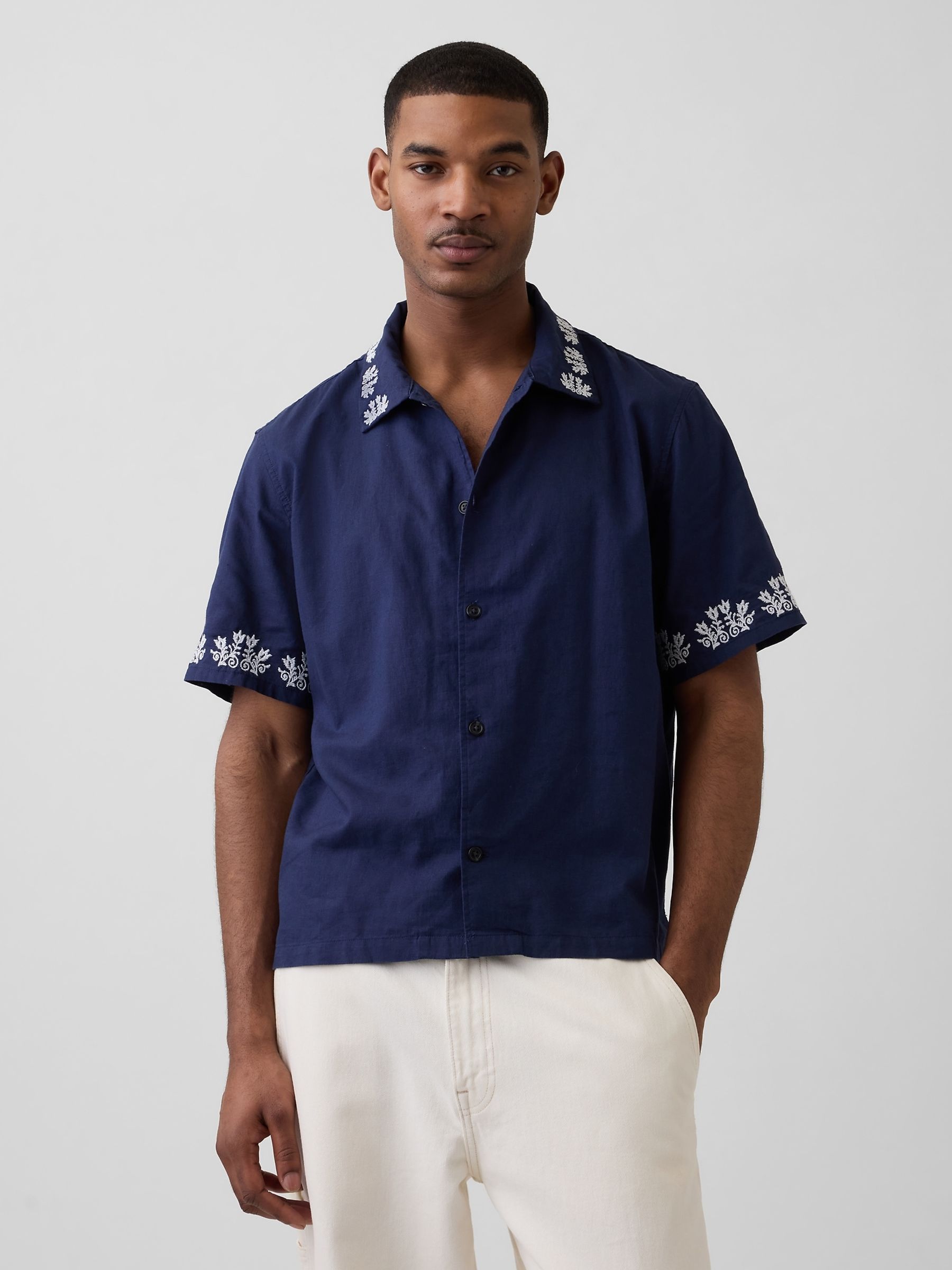 Blue Linen-Cotton Relaxed Straight-Hem Shirt - Image 1 of 4