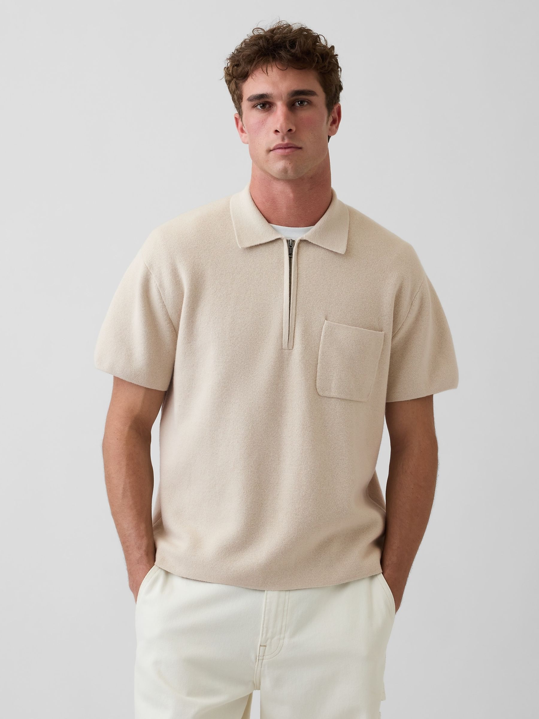 Cream Oversized Quarter-Zip Pocket Polo Jumper - Image 1 of 4