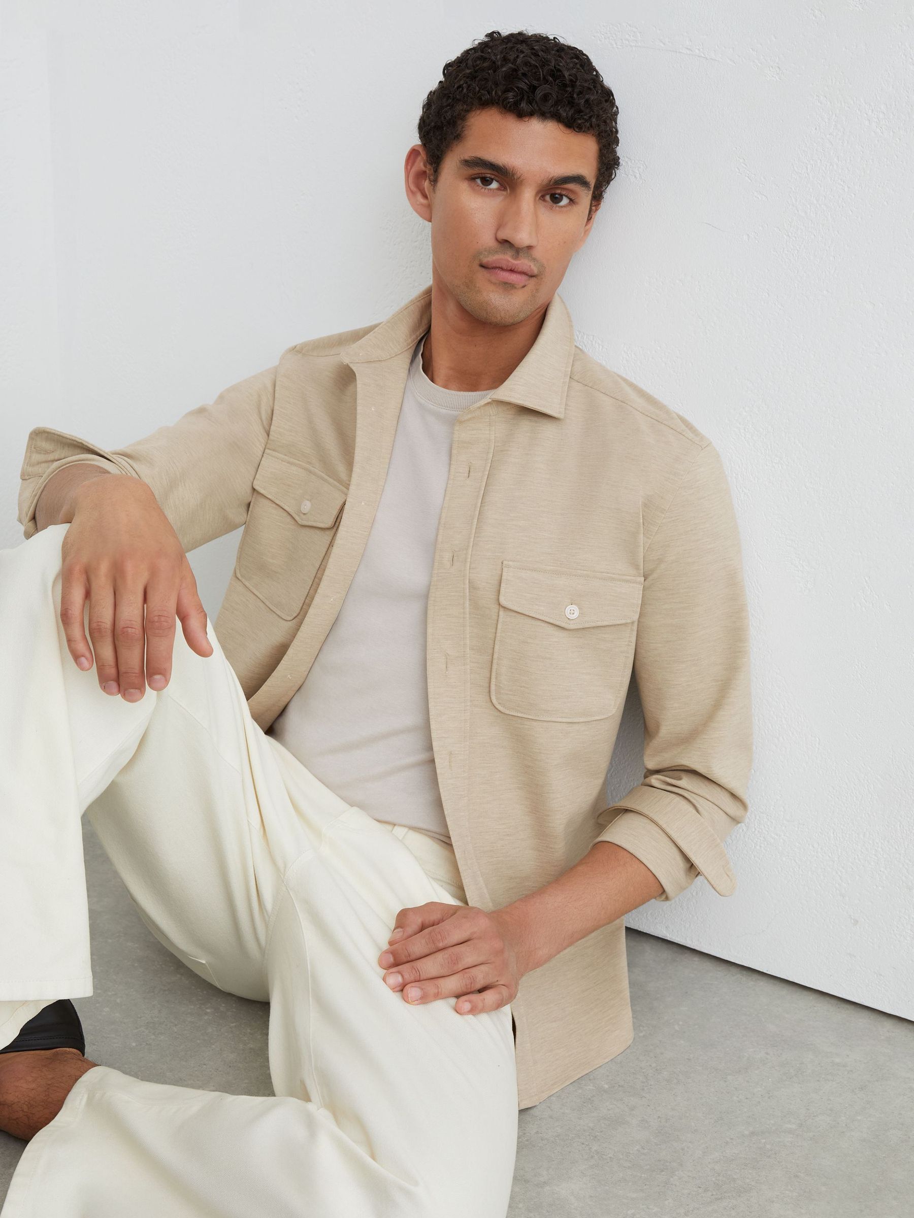 Twin-Pocket Button-Through Overshirt in Oatmeal - Image 1 of 6