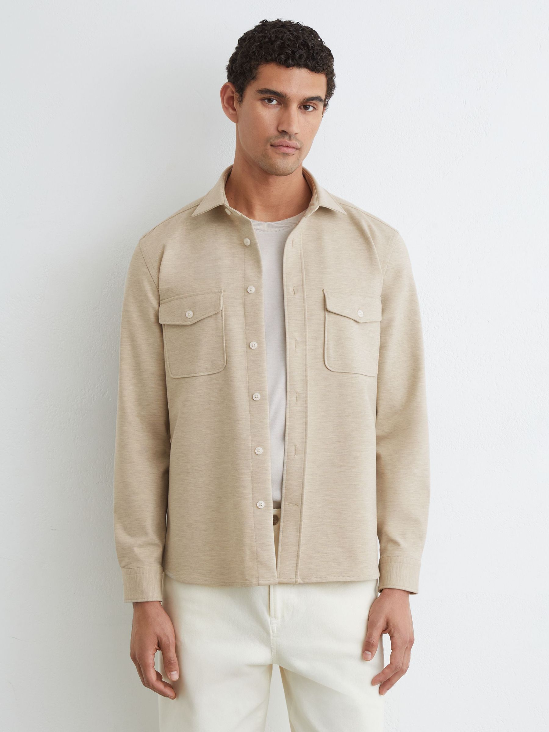 Twin-Pocket Button-Through Overshirt in Oatmeal - Image 4 of 6