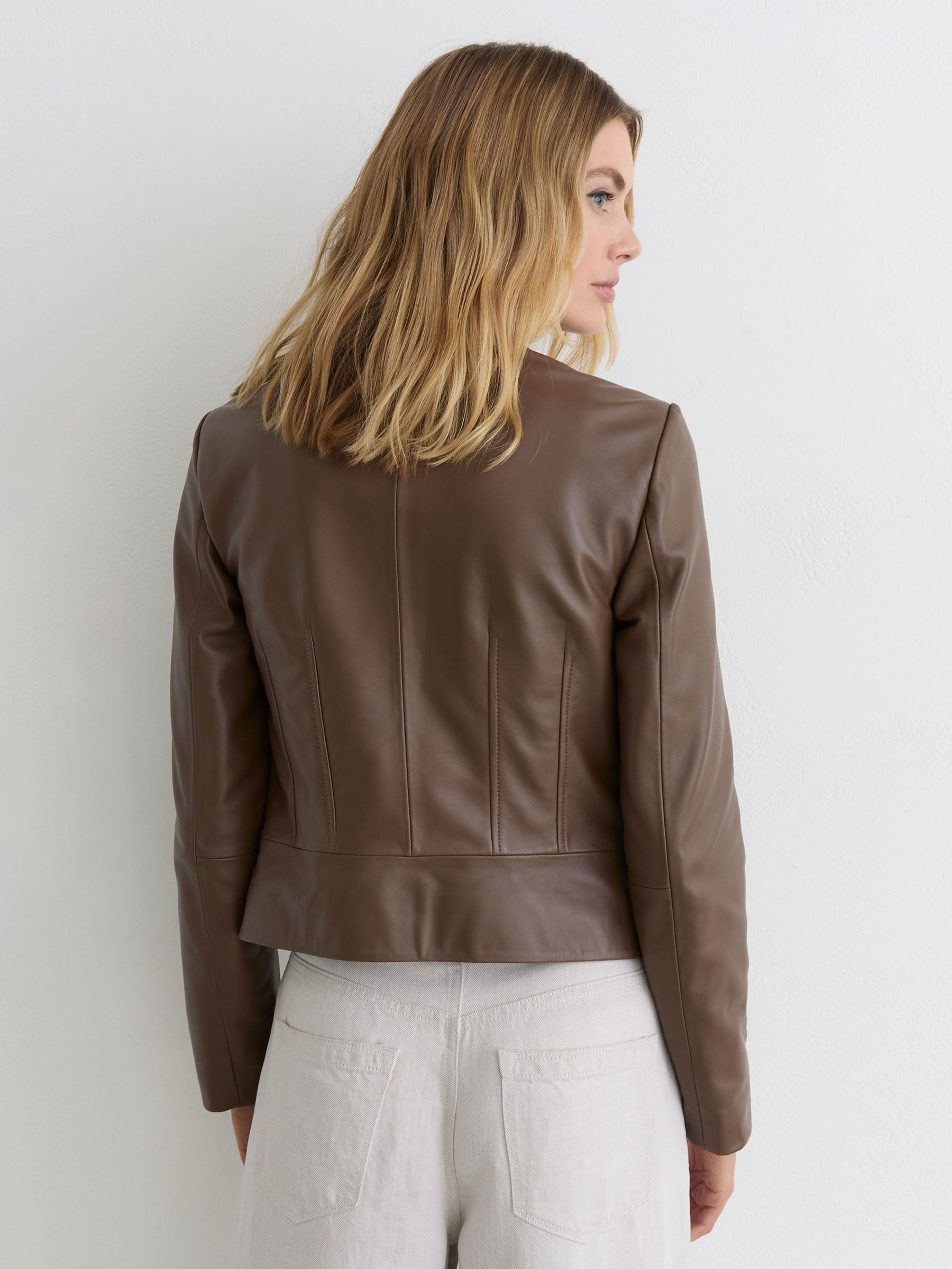 Leather Collarless Biker Jacket in Taupe Neutral - image 3