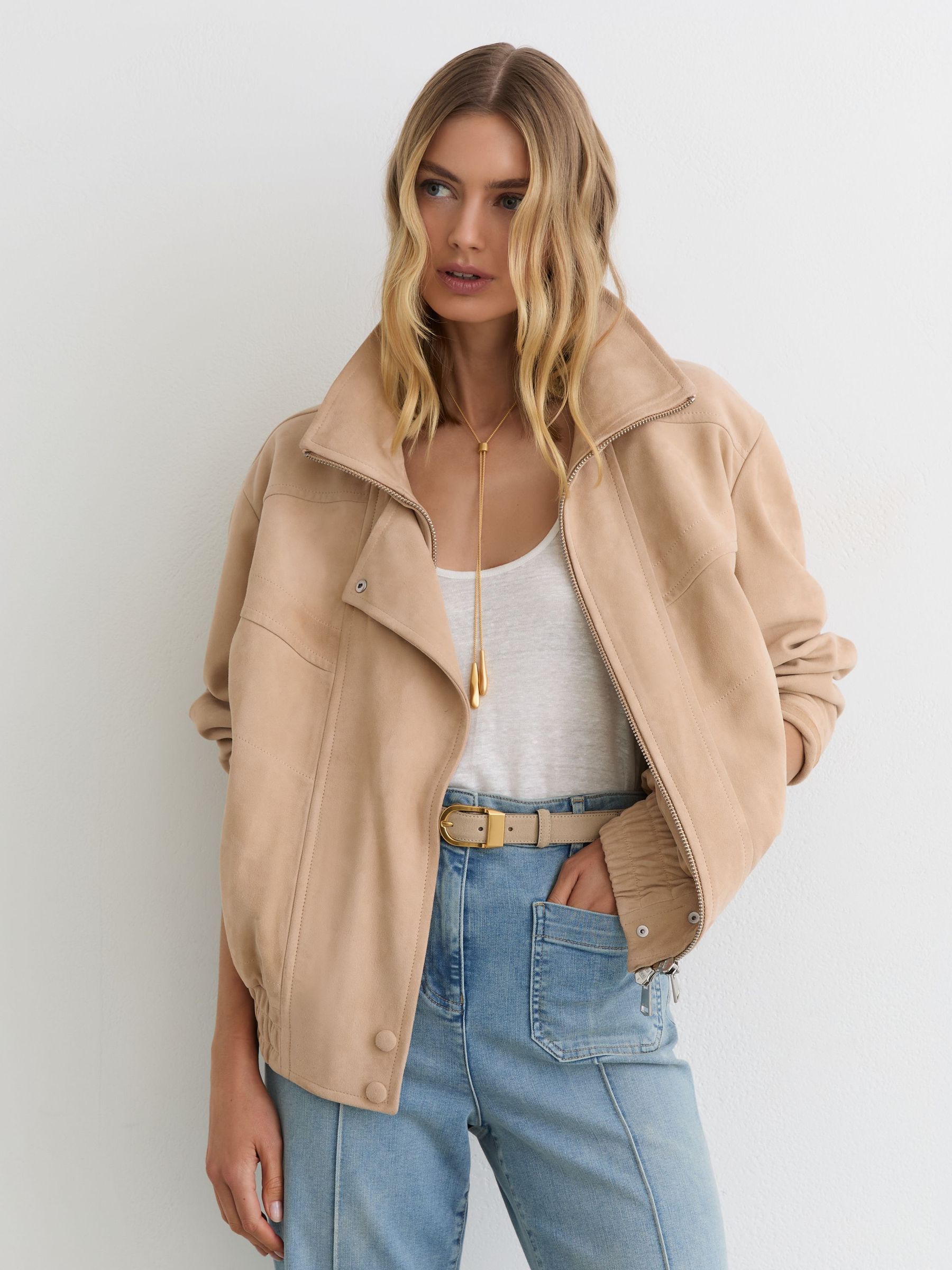 Petite Suede Oversized Jacket in Neutral - Image 3 of 8